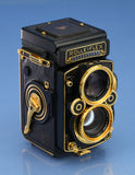 ROLLEI ROLLEIFLEX AURUM 24K GOLD 2.8F 80MM XENOTAR +CAPS +BOX +CASE MINT