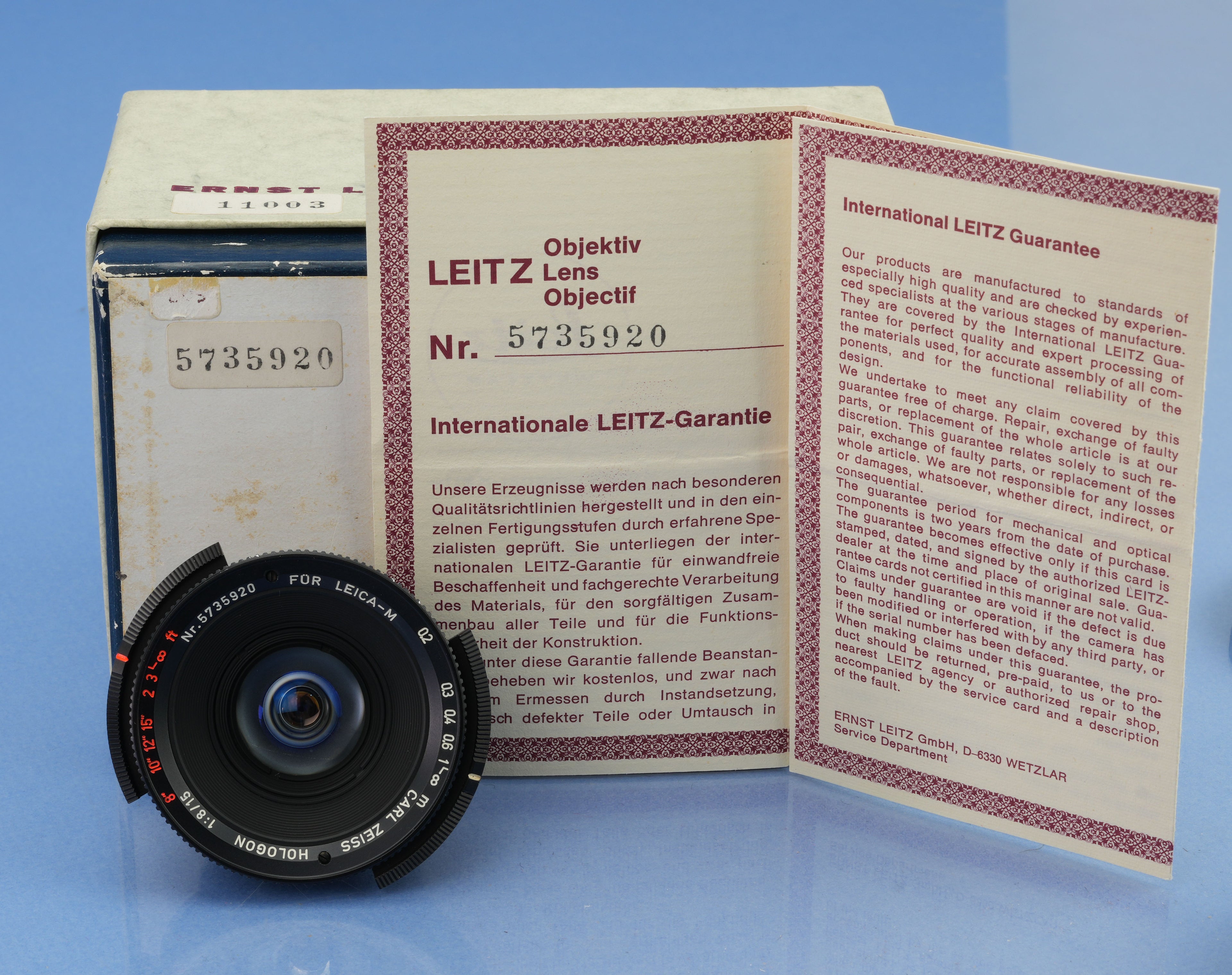 LEICA ZEISS HOLOGON-M 11003 15MM F8 OBJEKTIV +BOX +FILTER +KAPPE +SUCHER SELTEN! NEUWERTIG!