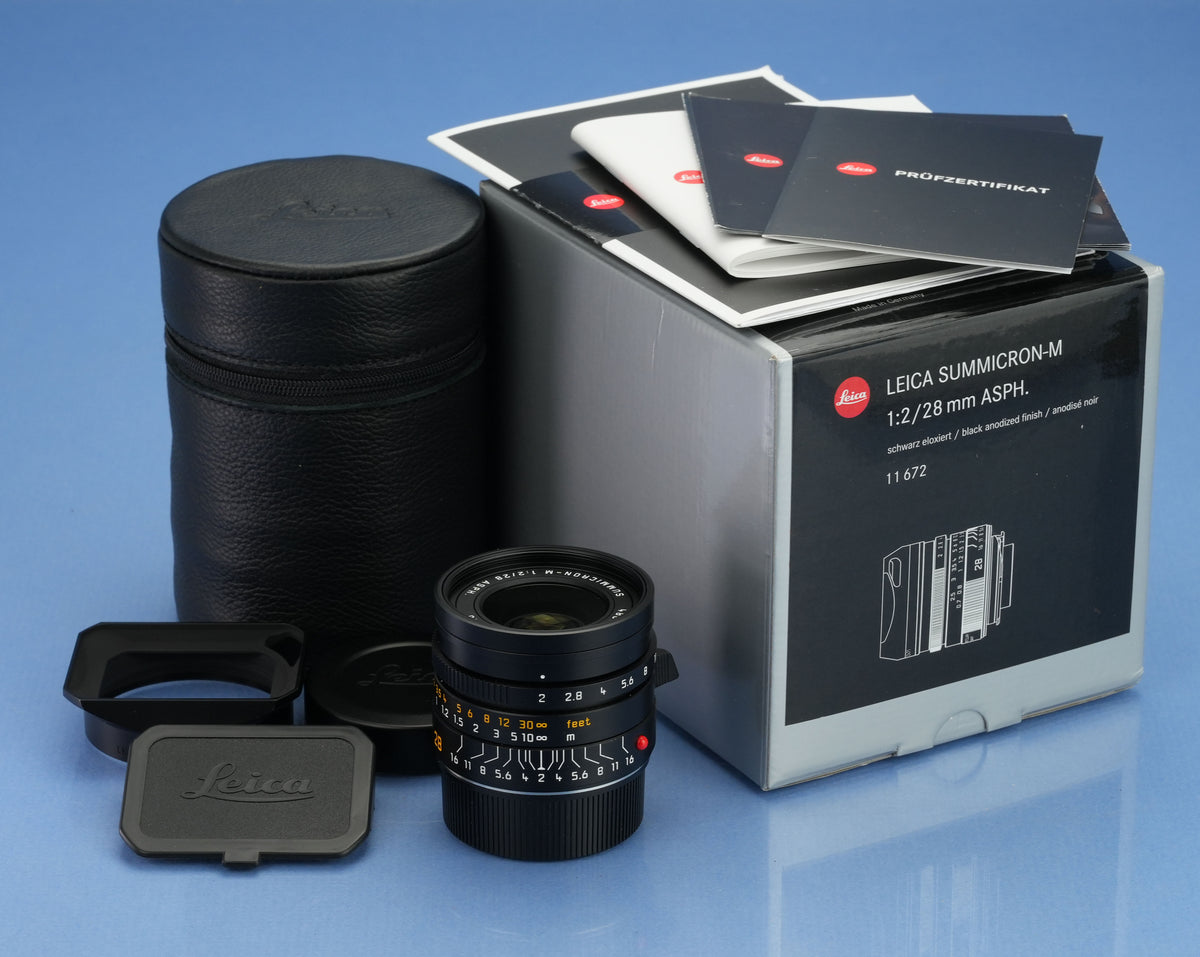 LEICA LEITZ SUMMICRON-M ASPH 28MM F2 VERSION II 11672 BLACK +CAPS +BOX +PAPERS