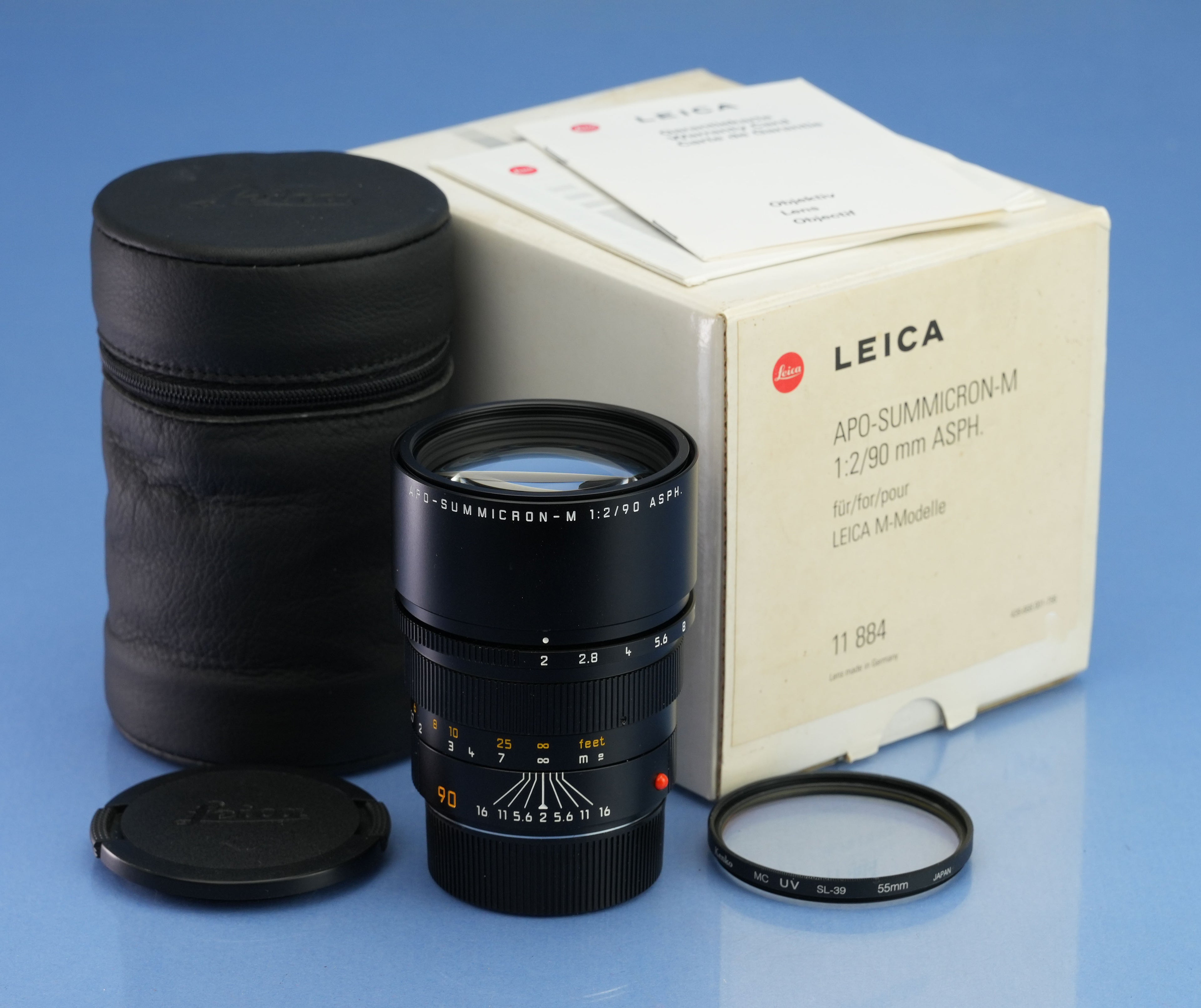 LEICA LEITZ 90MM F2 APO-SUMMICRON-M ASPH 11884 BLACK M LENS +BOX +UVa +CASE MINT