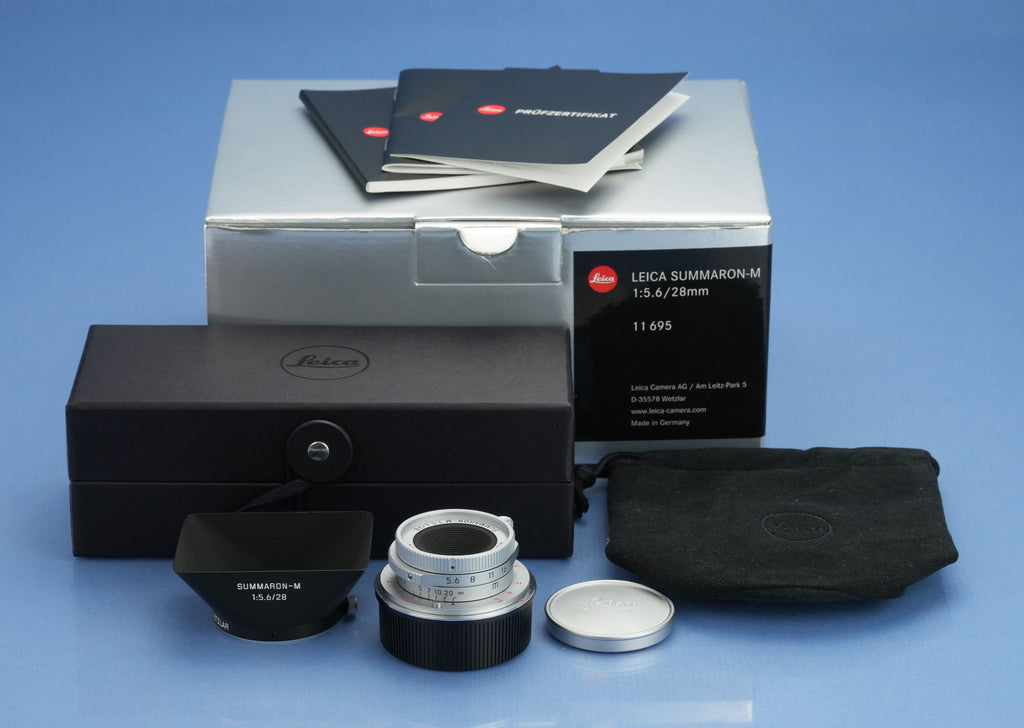 LEICA LEITZ 28MM SUMMARON-M F5.6 CHROME 11695 6BIT M LENS W/ BOX +SHADE MINT