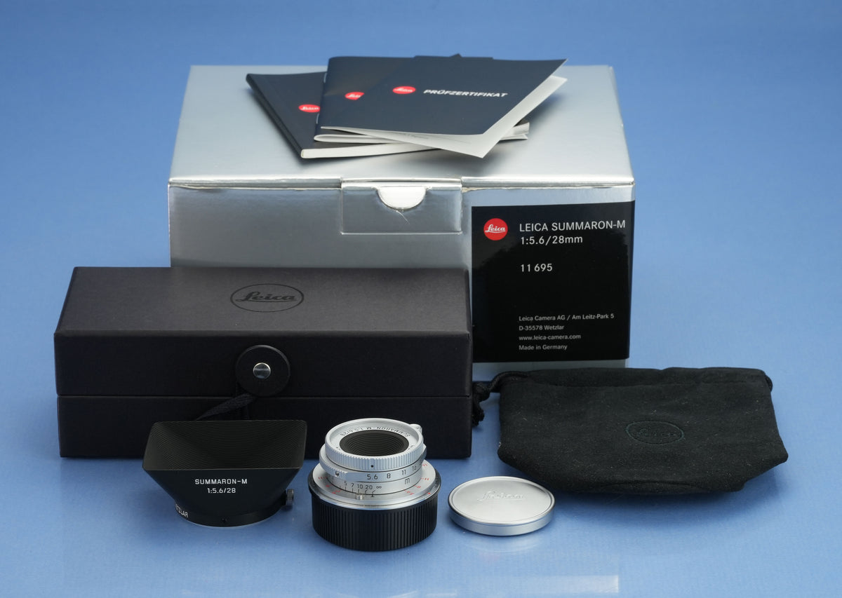 LEICA LEITZ 28MM SUMMARON-M F5.6 CHROME 11695 6BIT M LENS W/ BOX +SHADE MINT