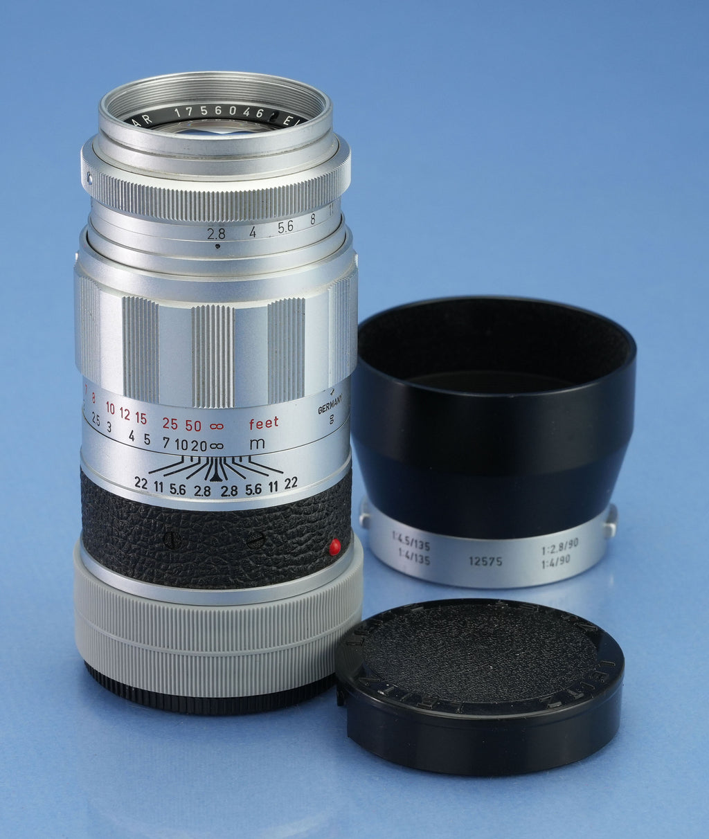 LEICA LEITZ 90MM ELMARIT F2.8 11029 CHROME LENS +CAPS +IUFOO SHADE. NICE!