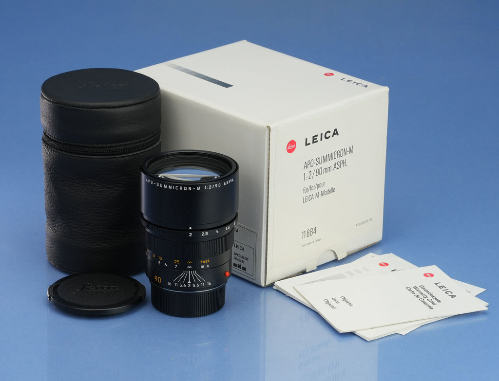 LEICA 90MM F2 APO-SUMMICRON-M ASPH 11884 BLACK M LENS +BOX +CASE MINT!