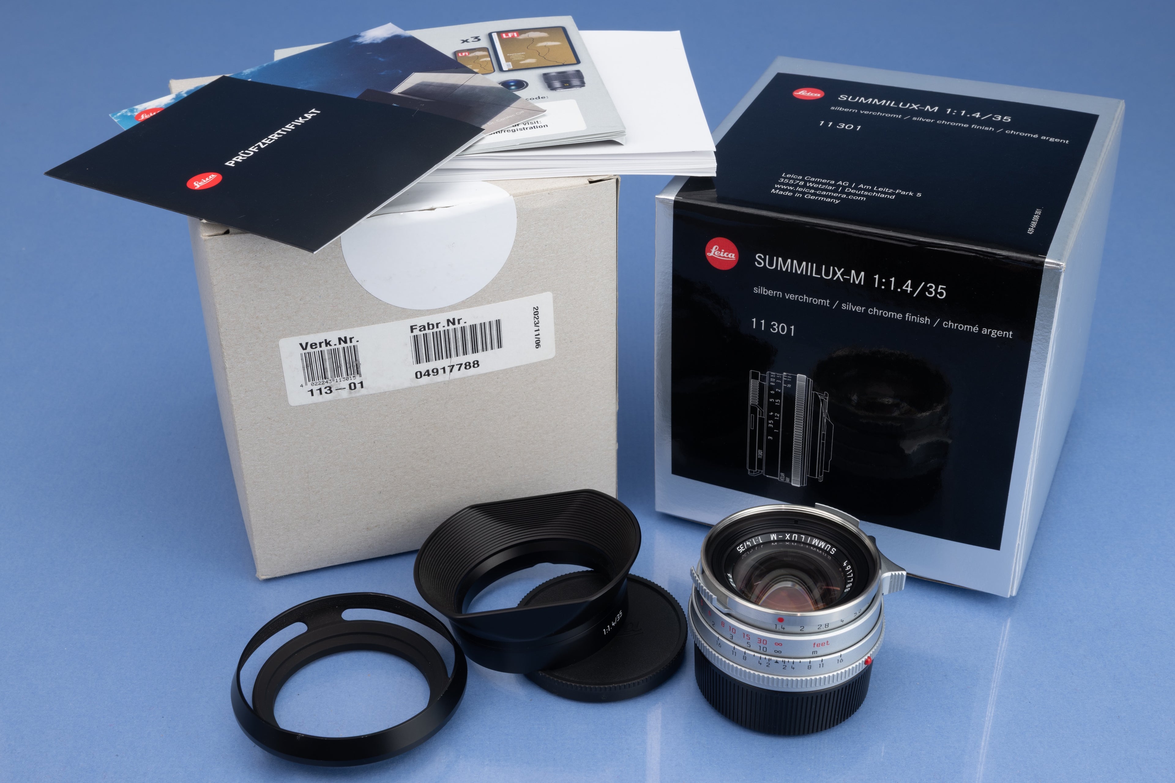 LEICA 35MM SUMMILUX-M F1.4 11301 SILVER STEEL RIM +12487 & 12486 SHADES +BOX SET