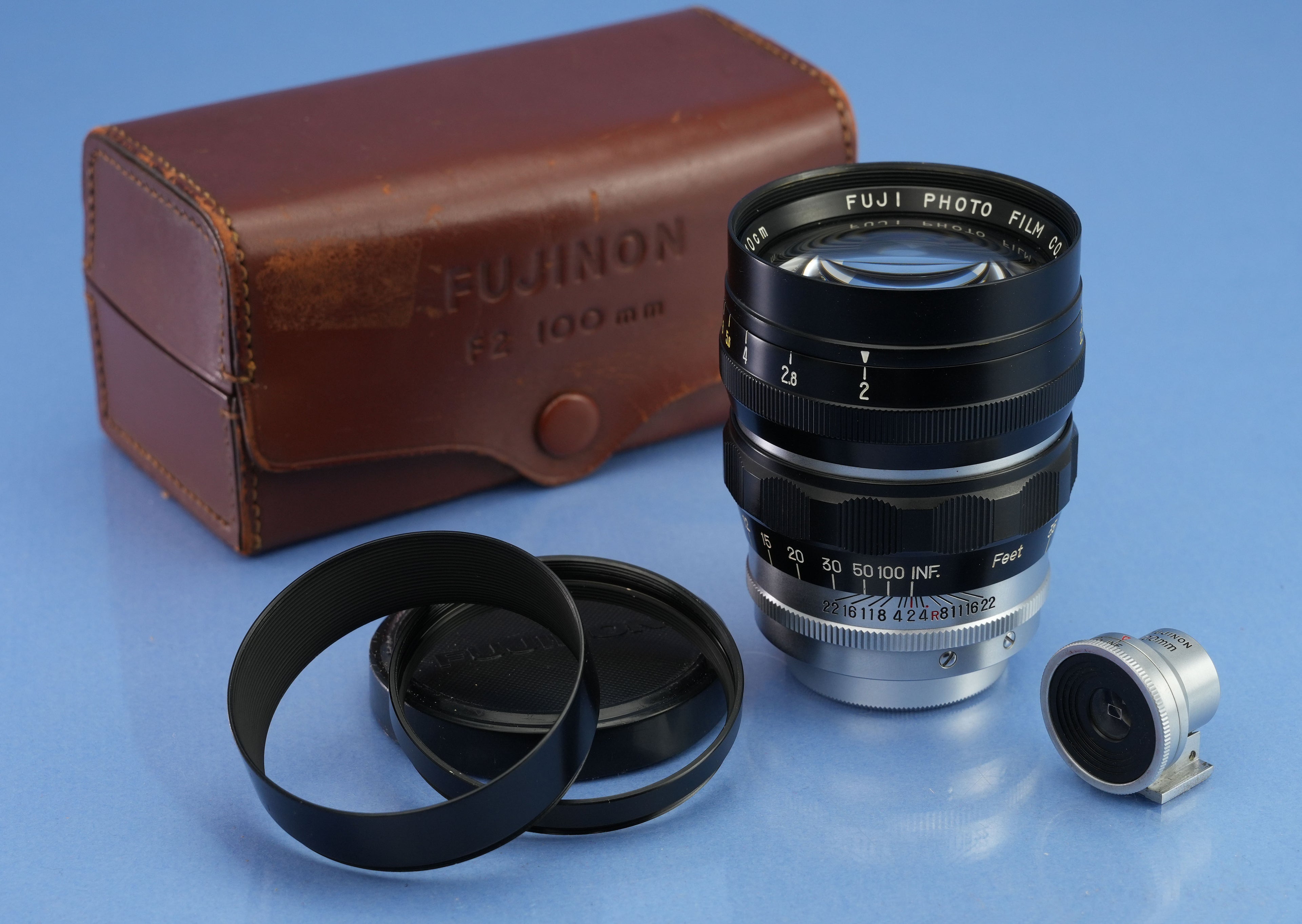 FUJI FUJINON LEICA 100MM F2 SM LTM LENS SET +VIEWFINDER +CAPS +SHADE +CASE RARE