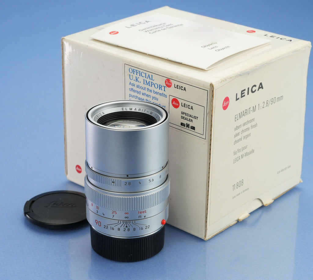 LEICA LEITZ 90MM ELMARIT-M F2.8 CHROME M LENS +BOX + CAPS +PAPERS 11808