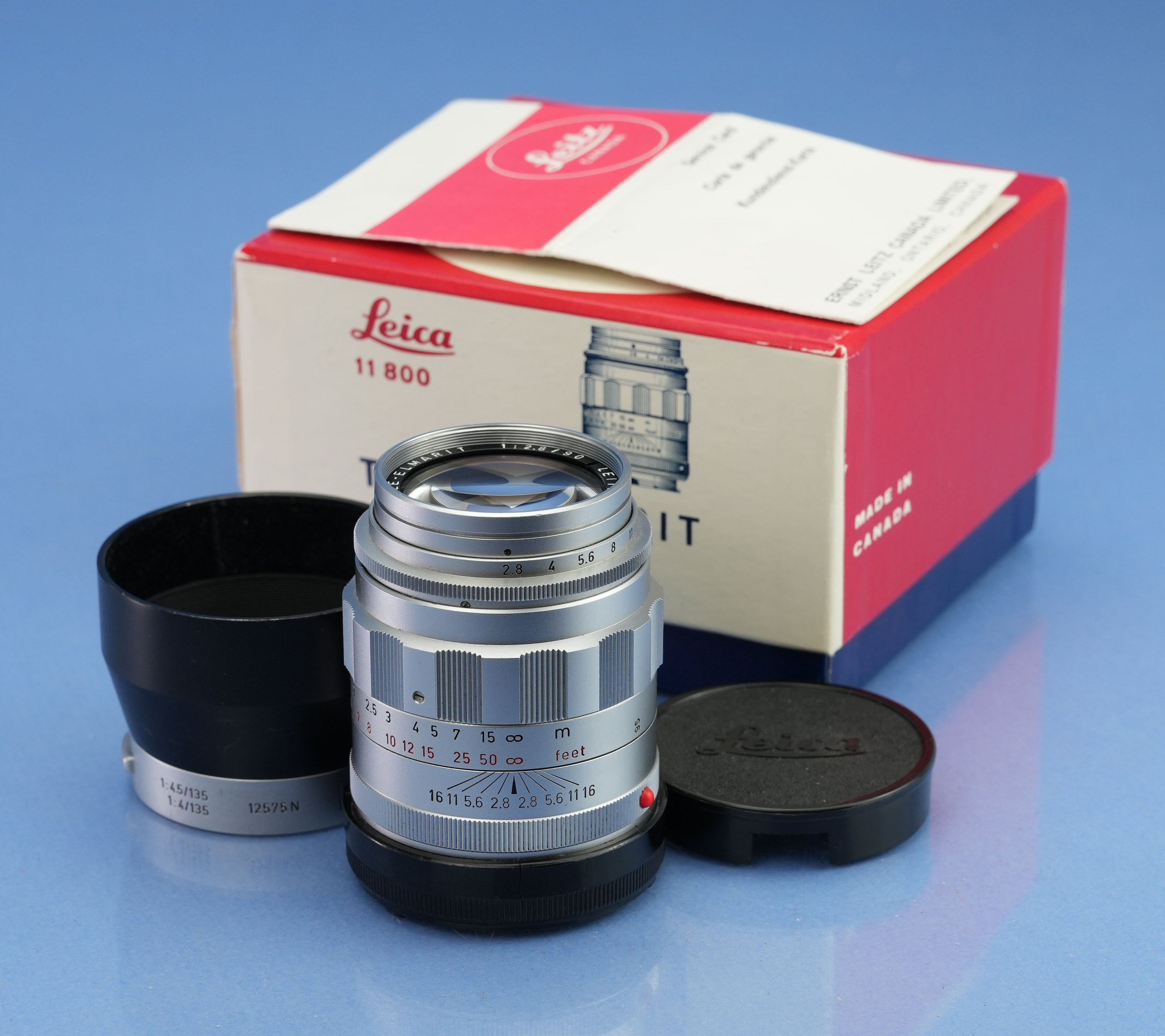 LEICA LEITZ 90MM TELE-ELMARIT F2.8 1ST V CHROME 11800 M LENS +BOX +IUFOO SHADE