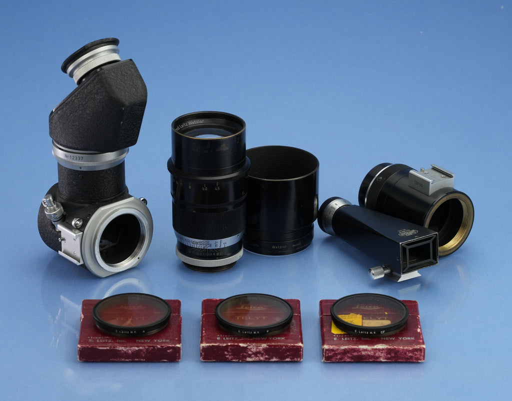 LEICA LEITZ 200MM F4.5 TELYT VISOFLEX VISO I LENS SET +SHADE, FINDER, x3 FILTER+