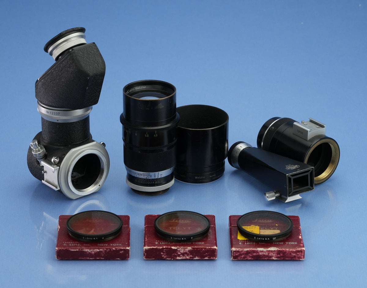 LEICA LEITZ 200MM F4.5 TELYT VISOFLEX VISO I LENS SET +SHADE, FINDER, x3 FILTER+