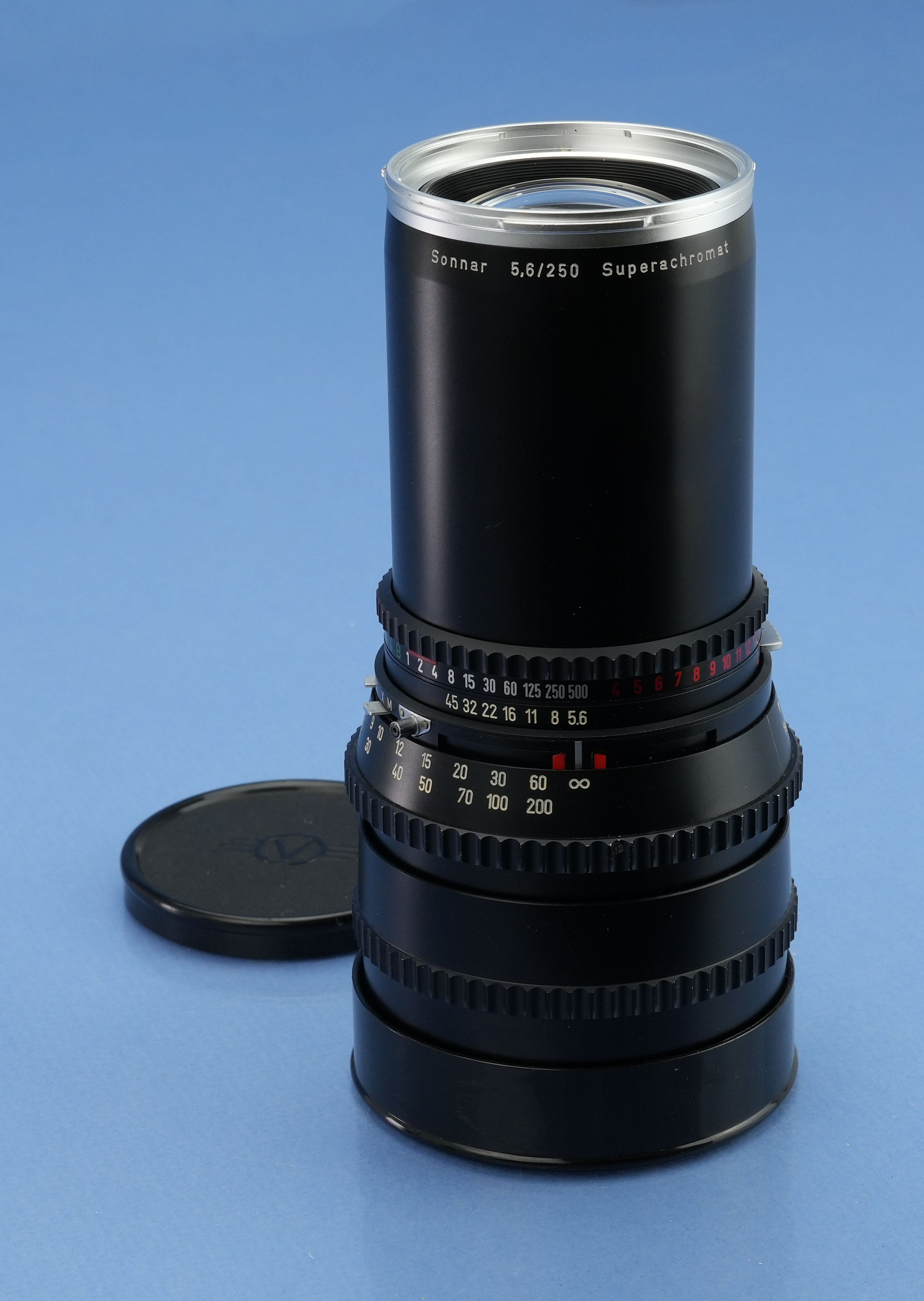 HASSELBLAD 250MM SONNAR SUPERACHROMAT CHROMRING F5.6 C OBJEKTIV + DECKEL NEUWERTIG UND SELTEN!