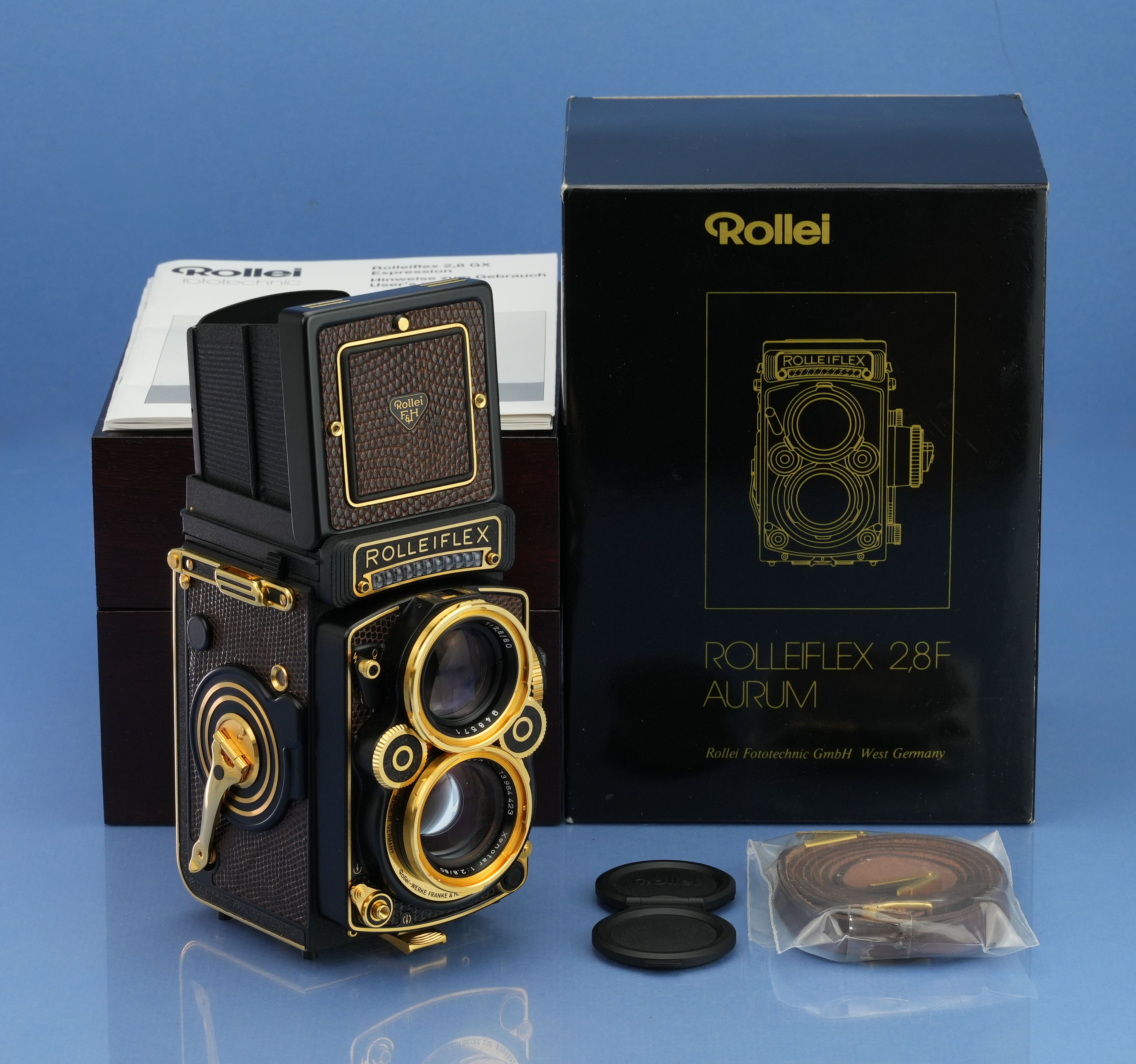 ROLLEI ROLLEIFLEX AURUM 24K GOLD 2.8F 80MM XENOTAR +CAPS +BOX +CASE +PAPERS NOS