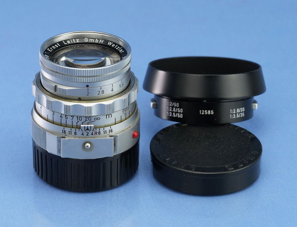 LEICA LEITZ 50MM SUMMICRON F2 CHROME DUAL RANGE M LENS 11918 SOMNI +SHADE +CAPS
