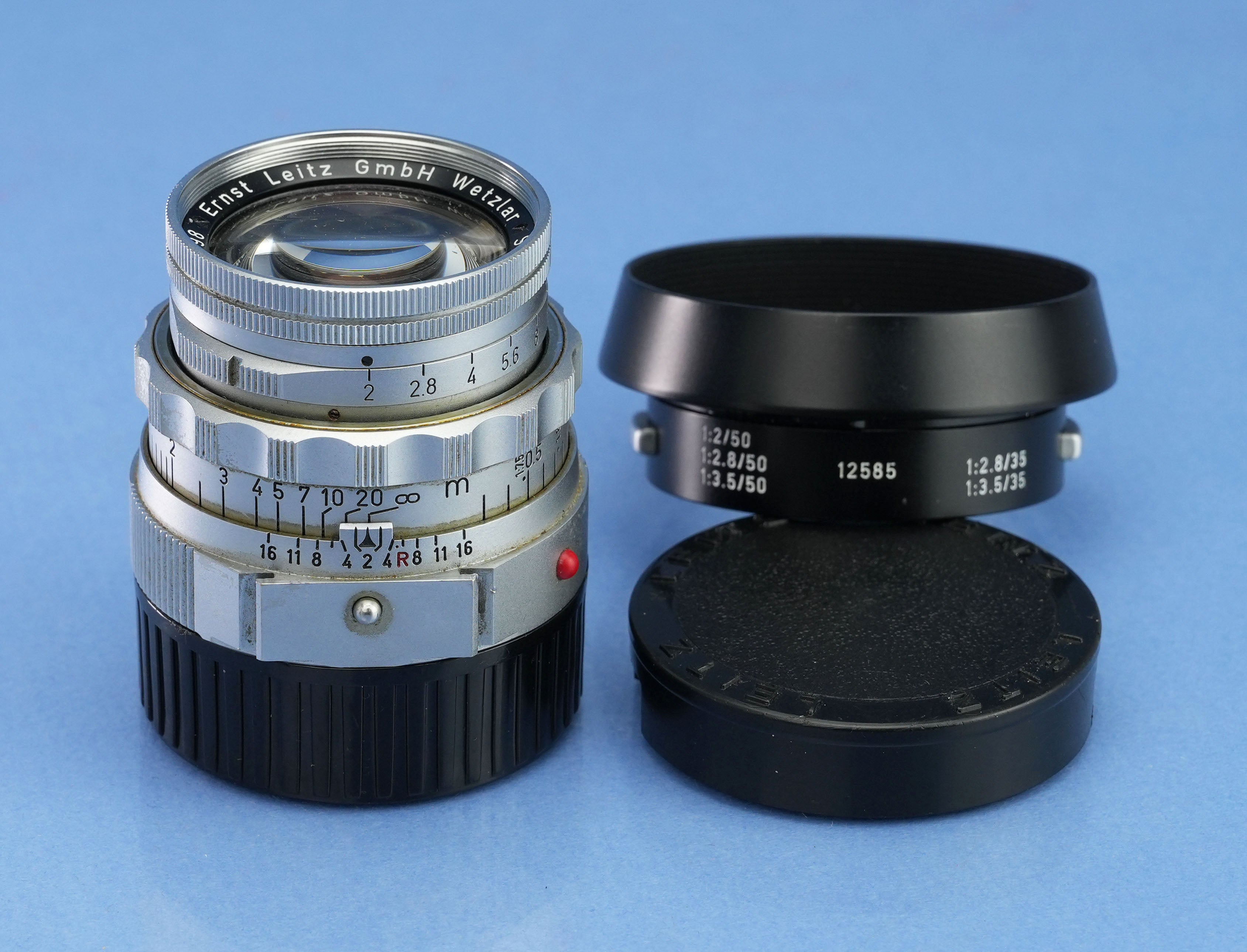 LEICA LEITZ 50MM SUMMICRON F2 CHROME DUAL RANGE M LENS 11918 SOMNI +SHADE +CAPS