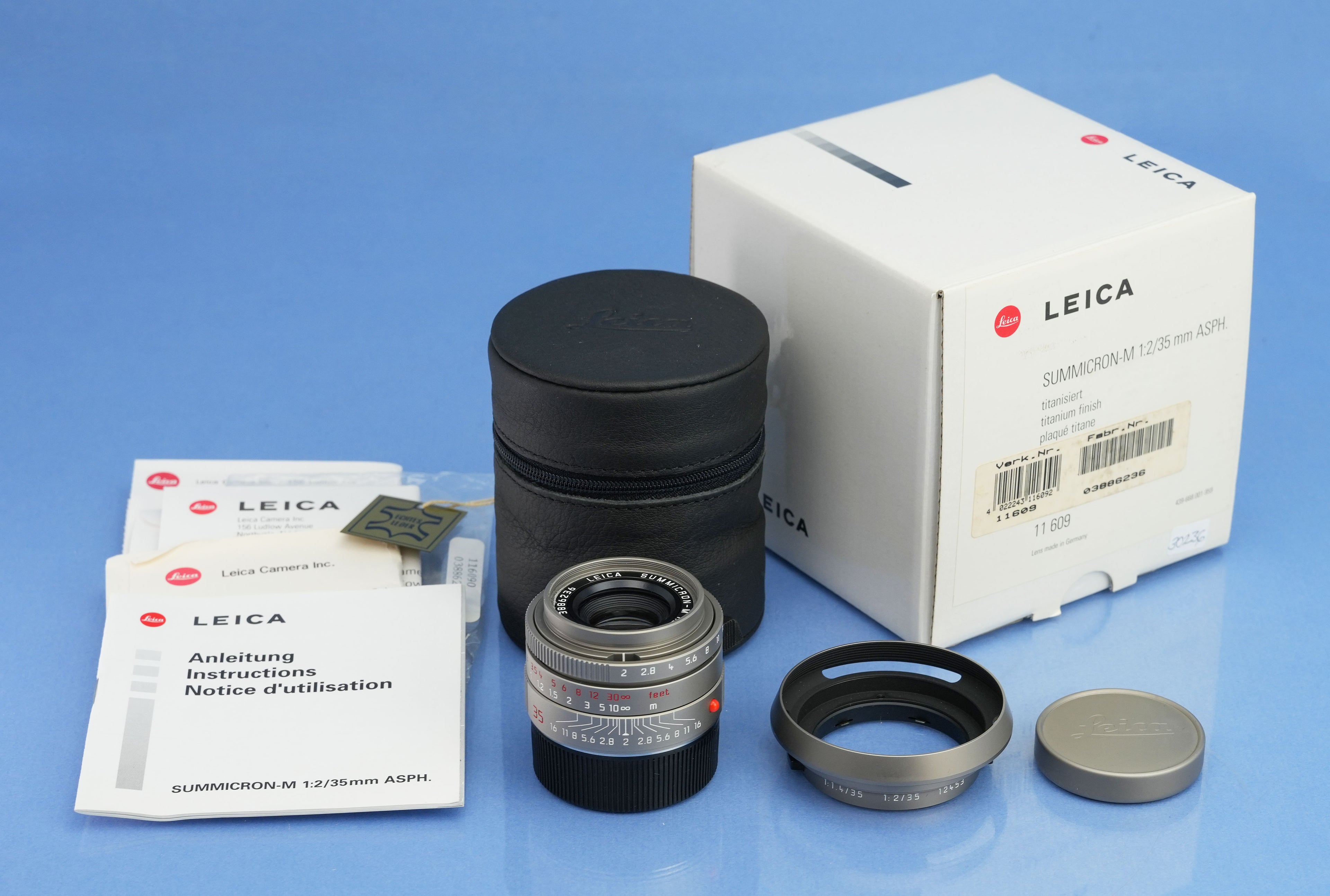 LEICA 35MM SUMMICRON-M F2 ASPH 11609 TITAN TITAN OBJEKTIV +BOX +KAPPE + GEGENBLATT NEUWERTIG!