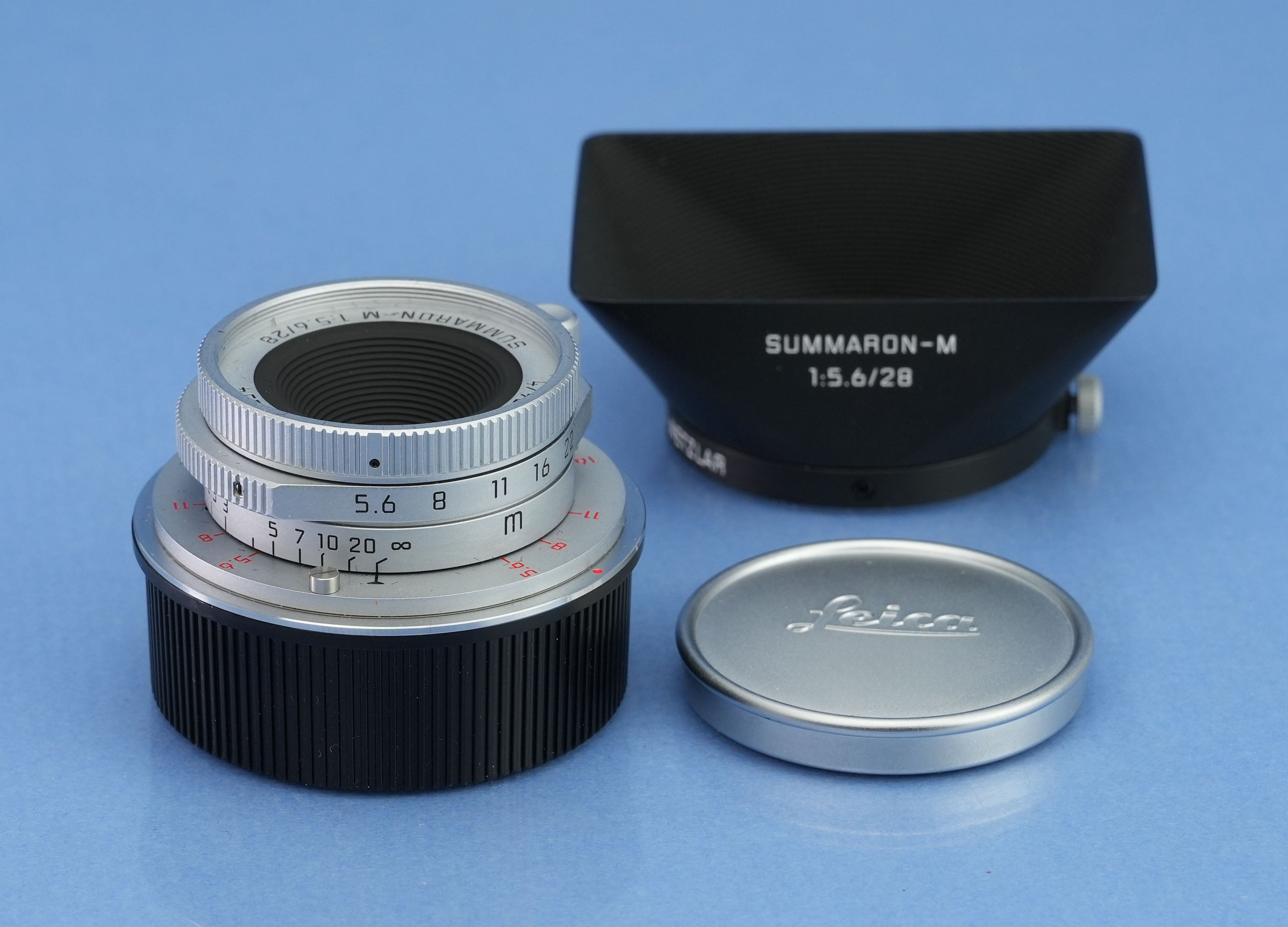 LEICA LEITZ 28MM SUMMARON-M F5.6 CHROME 11695 6BIT M LENS +CAPS +SHADE MINT!