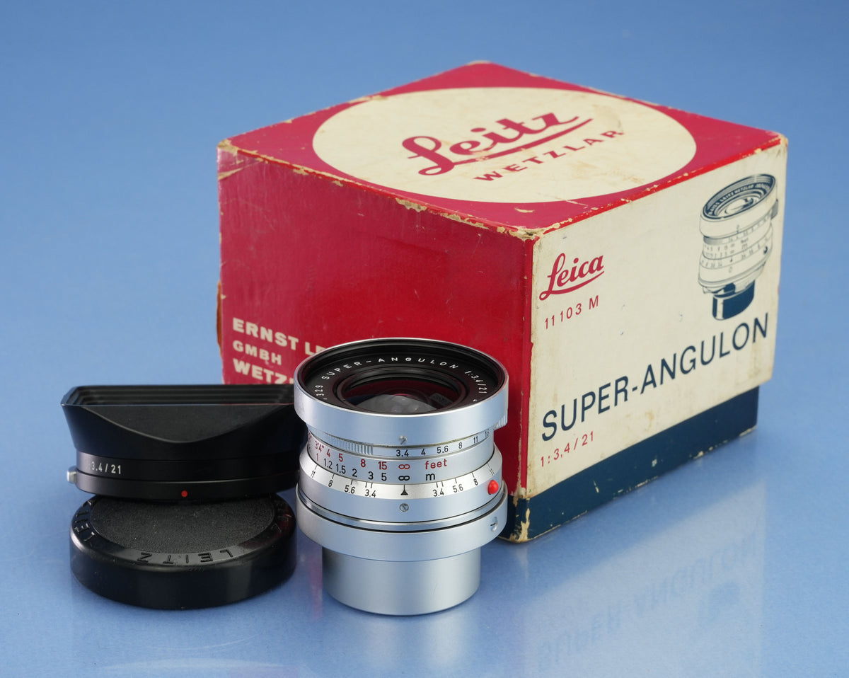 LEICA LEITZ 21MM SUPER-ANGULON F3.4 11103 LENS +CAPS +SHADE +BOX RARE 1st BATCH!