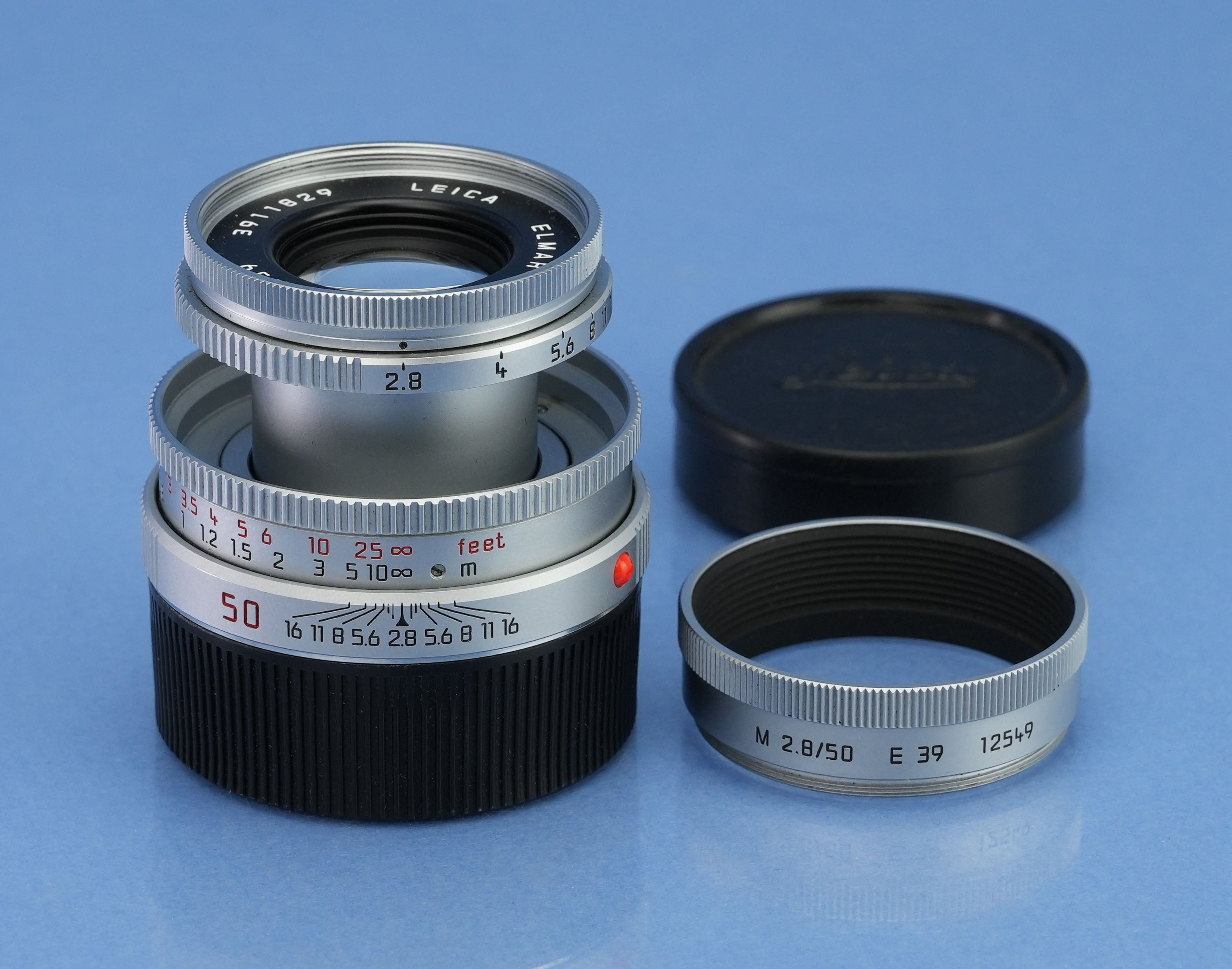 LEICA LEITZ 50MM ELMAR-M F2.8 11823 CHROME BRASS BODY RARE LENS +CAPS +SHADE