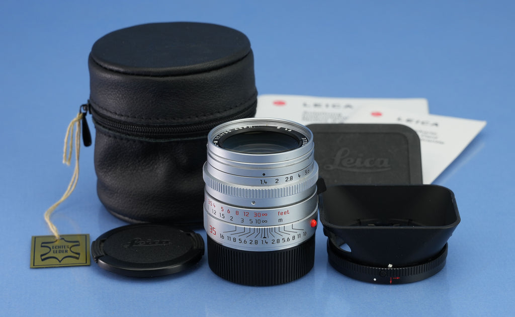 LEICA LEITZ 35MM SUMMILUX-M F1.4 ASPH SILVER CHROME BRASS BODY 11883 LENS +SHADE