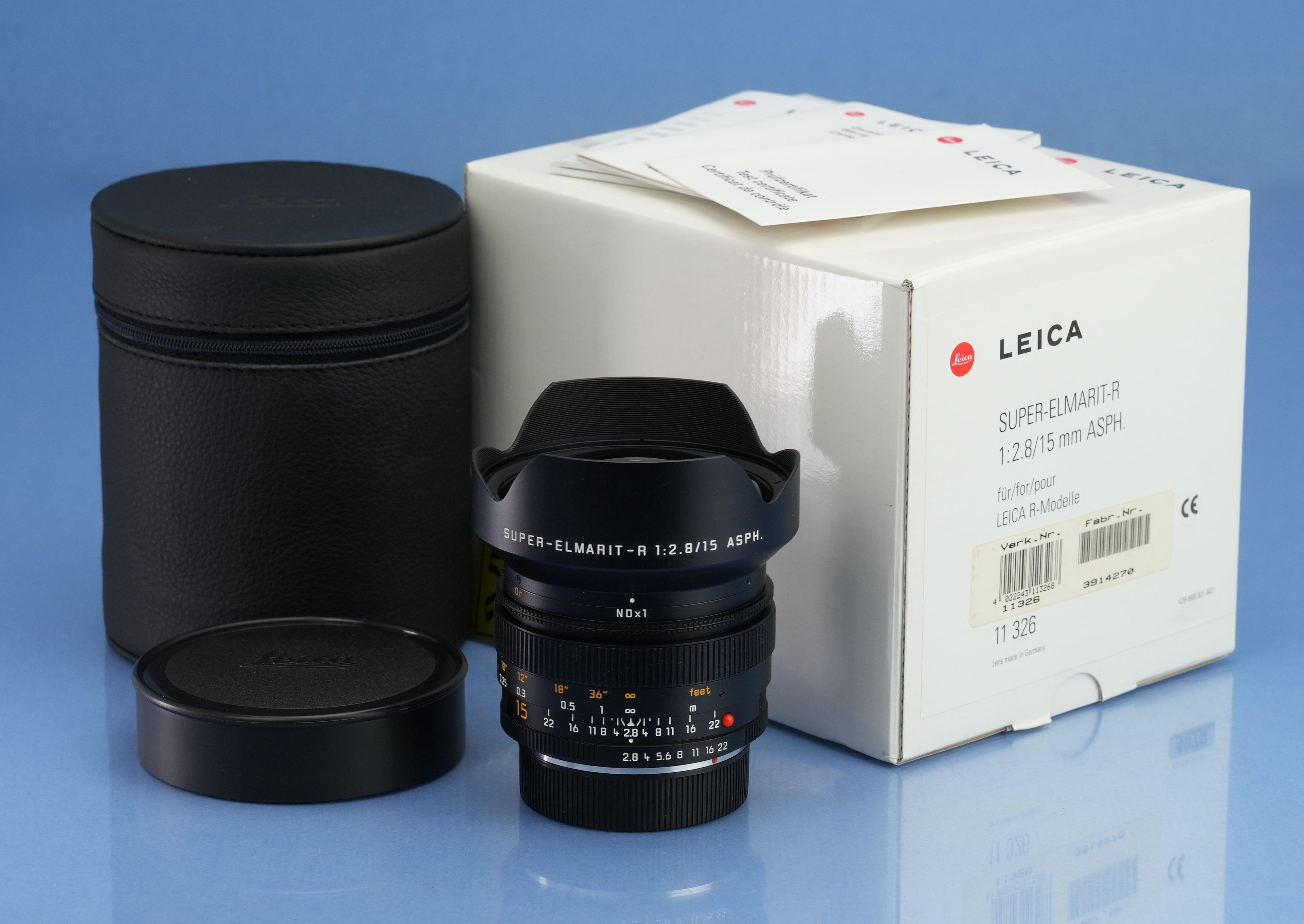 LEICA 15MM SUPER-ELMARIT-R F2.8 ASPH 11326 ROM LENS +BOX +CAPS +CASE MINT! RARE!