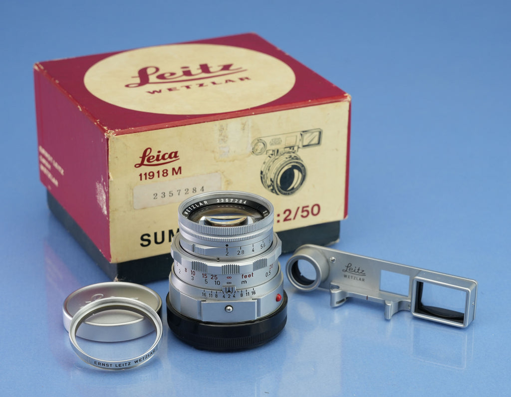 LEICA LEITZ 50MM SUMMICRON F2 CHROME DUAL RANGE M LENS W/EYES +BOX +FILTER