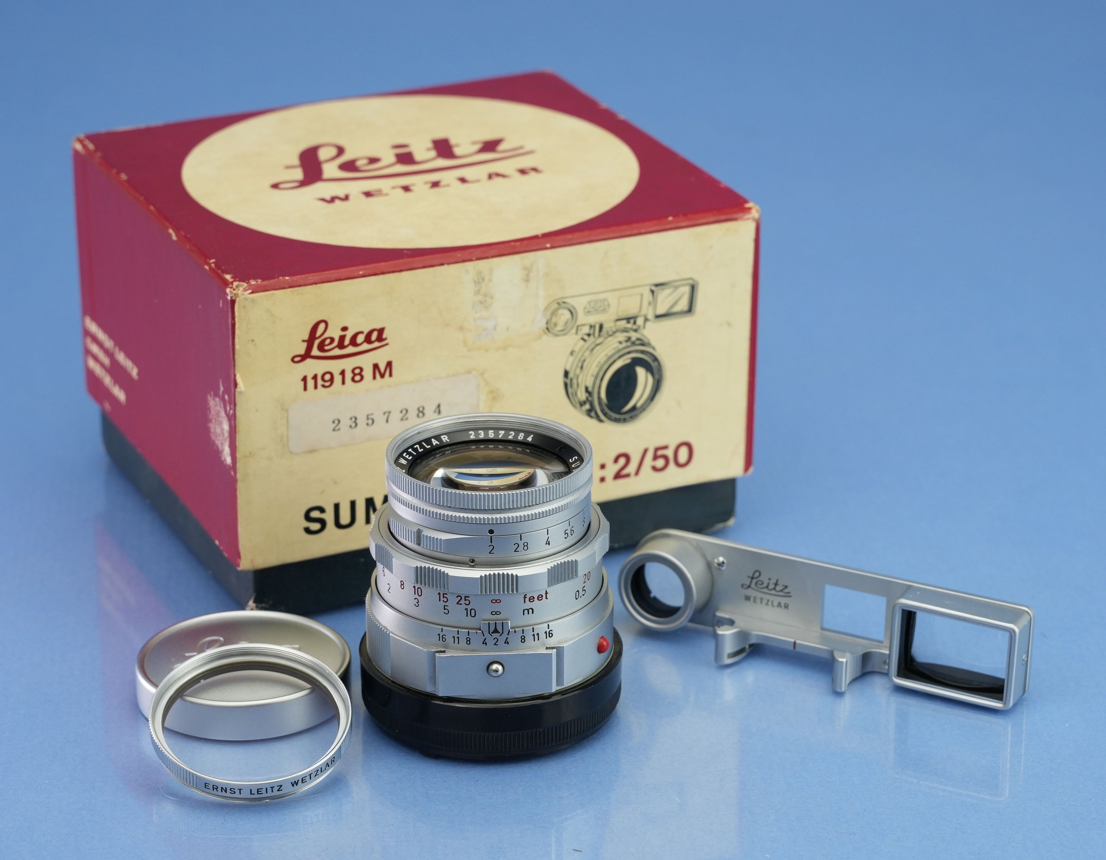 LEICA LEITZ 50MM SUMMICRON F2 CHROME DUAL RANGE M LENS W/EYES +BOX +FILTER