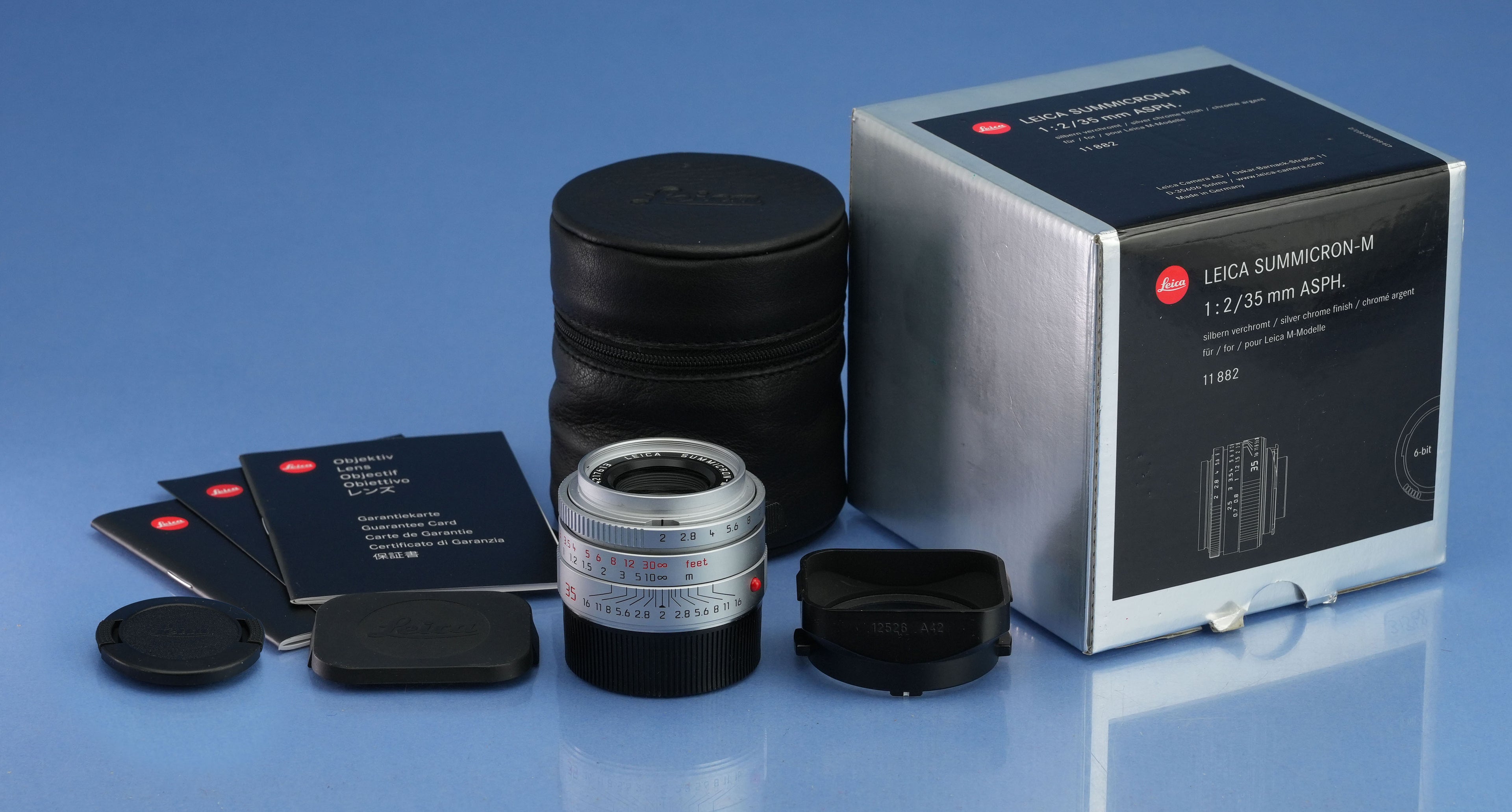 LEICA 35MM SUMMICRON-M 6BIT F2 11882 ASPH SILVER CHROME M LENS +CAPS +SHADE MINT