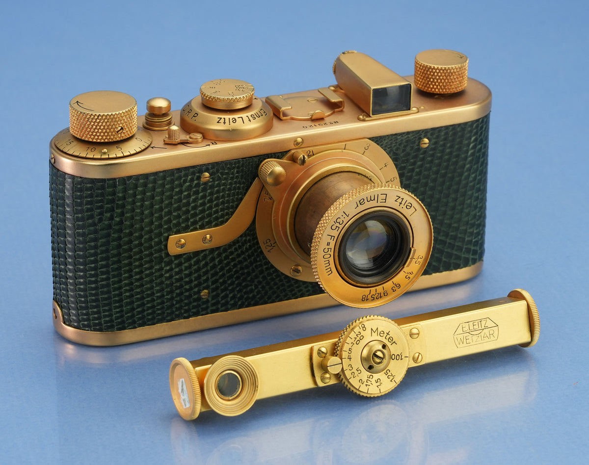 LEICA LEITZ I MODEL A LUXUS GOLD & GREEN CAMERA +50MM ELMAR ELMAX LENS +FINDER