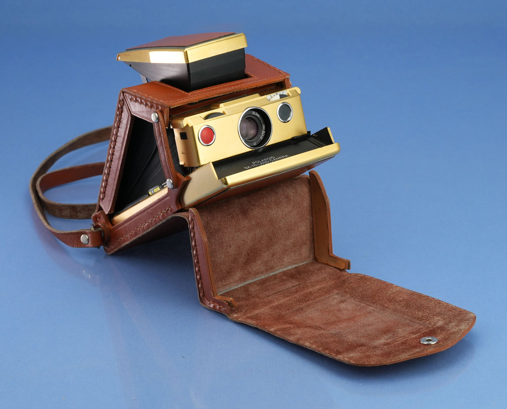 POLAROID LAND SX-70 GOLD ANNIVERSARY INSTANT FILM CAMERA +BROWN LEATHER CASE WOW