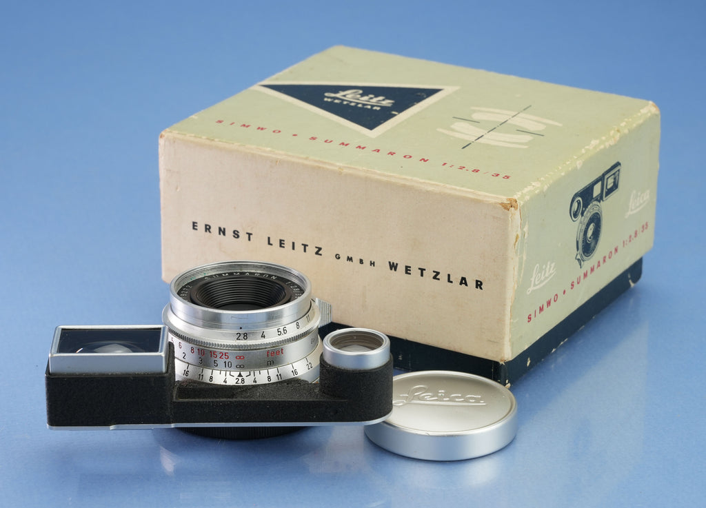 LEICA LEITZ 35MM SUMMARON F2.8 11106 SIMWO CHROME M3 LENS +EYES ATTACHMENT +BOX