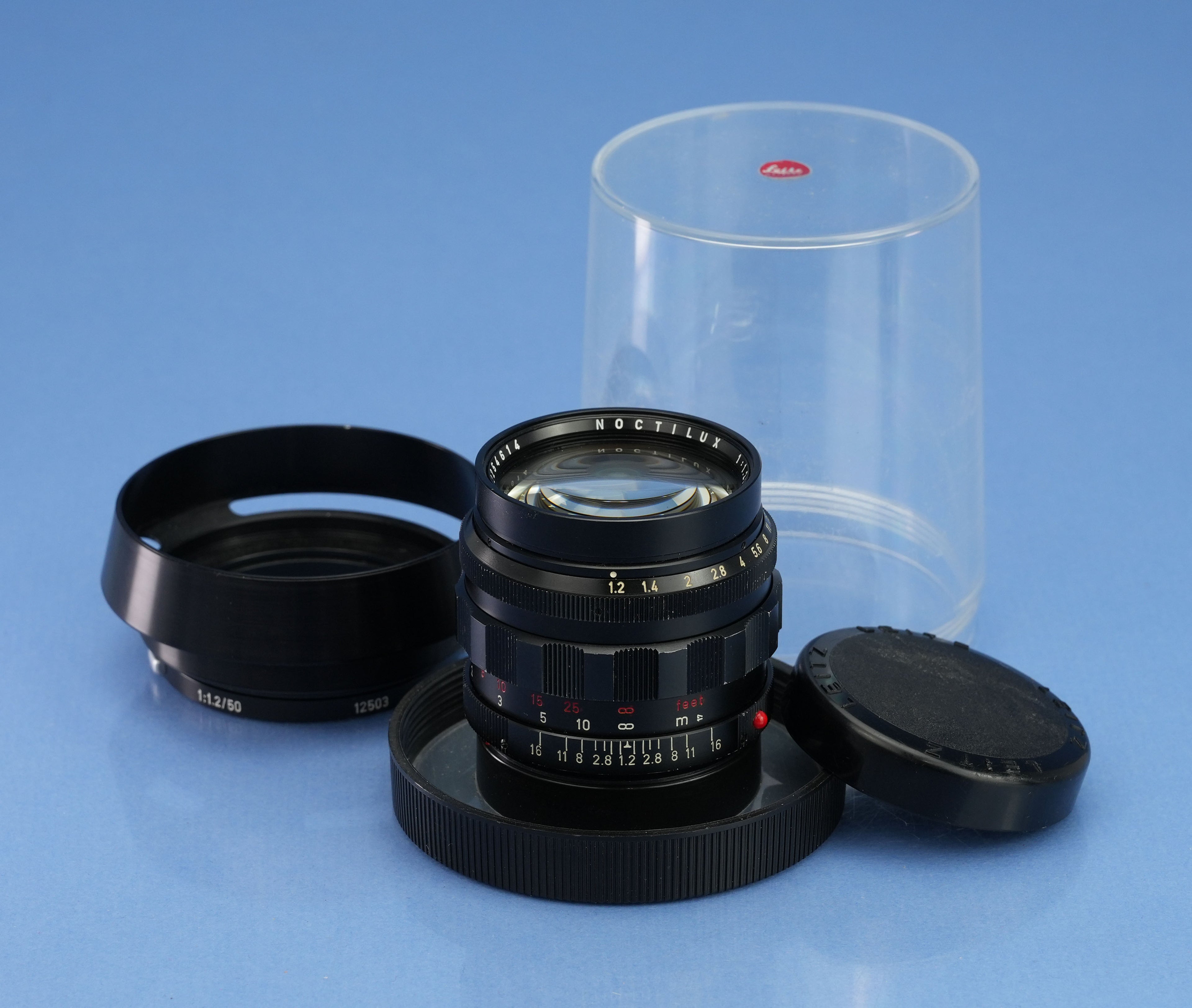 LEICA LEITZ NOCTILUX 50MM F1.2 11820 VINTAGE M LENS +12503 SHADE +CAPS VERY NICE