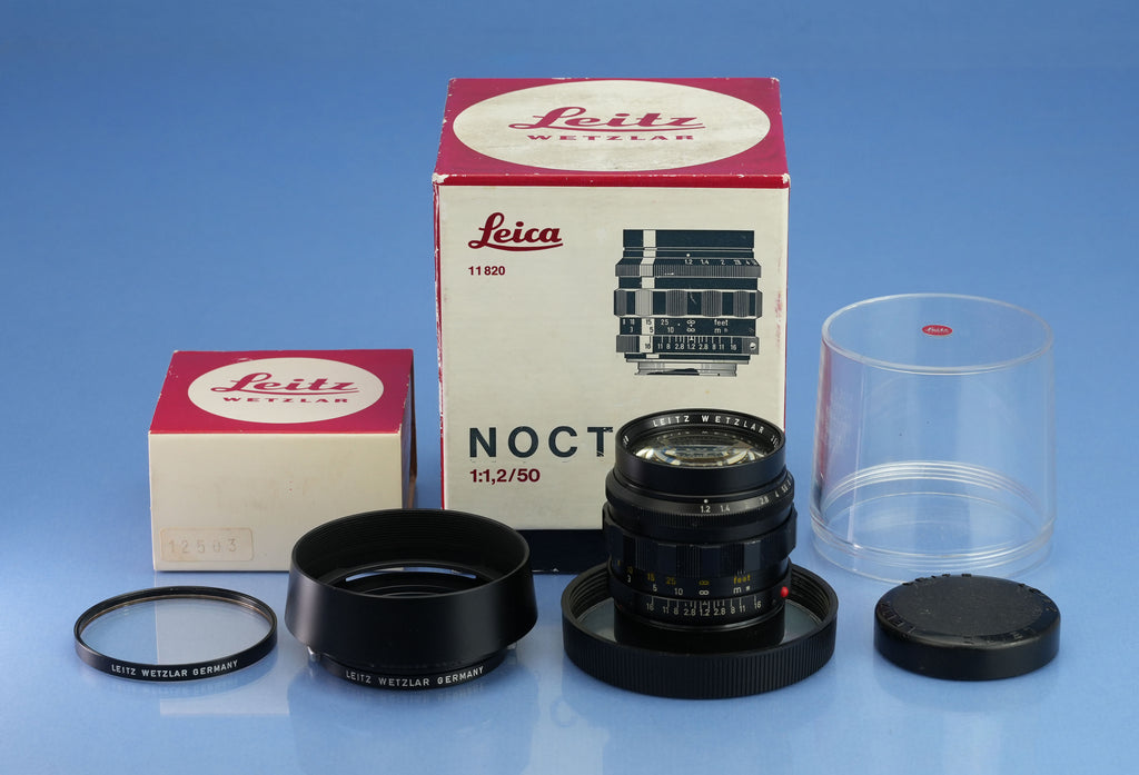 LEICA 11820 50MM NOCTILUX F1.2 VINTAGE M OBJEKTIV + PASSENDE BOX + GEGENBLENDE + ETUI + SCHUTZKAPPE