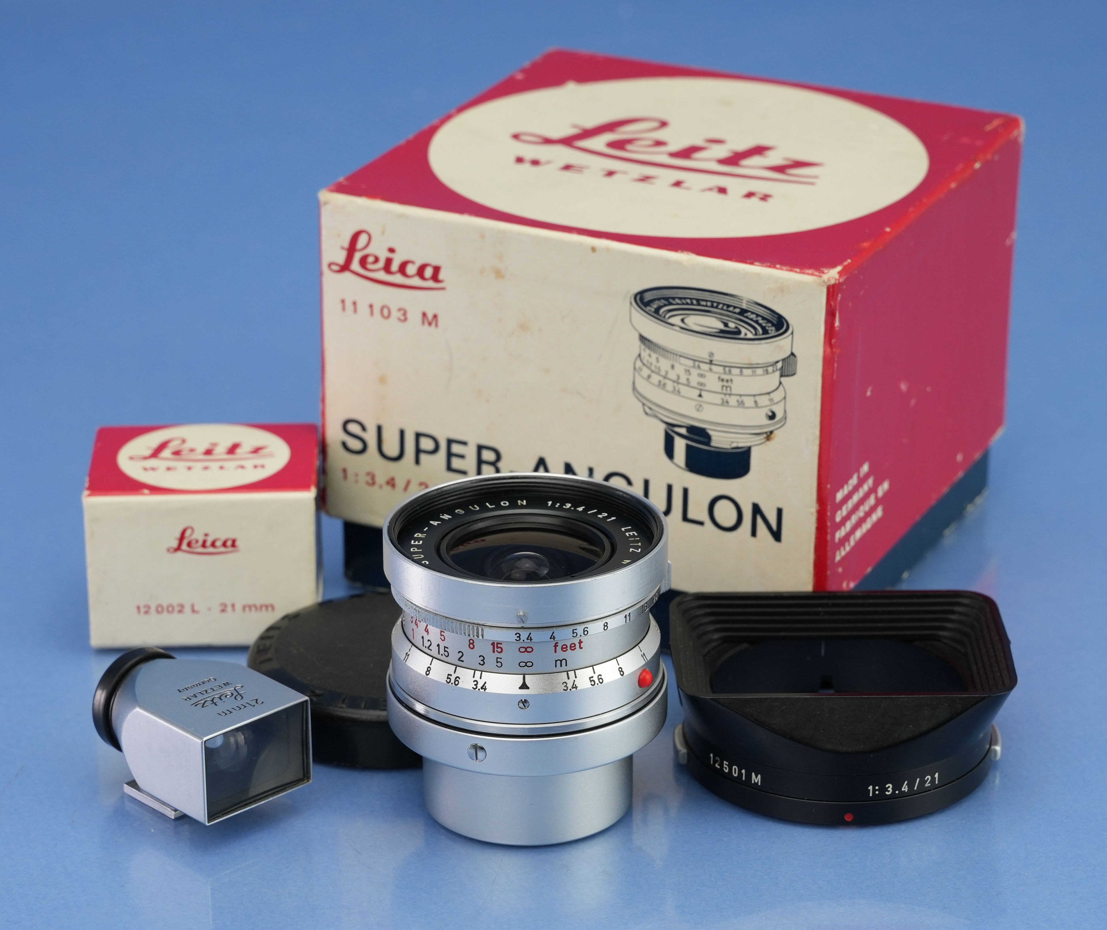 LEICA LEITZ 21MM SUPER-ANGULON F3.4 CHROME M 11103 LENS +CAPS +SHADE +FINDER+BOX