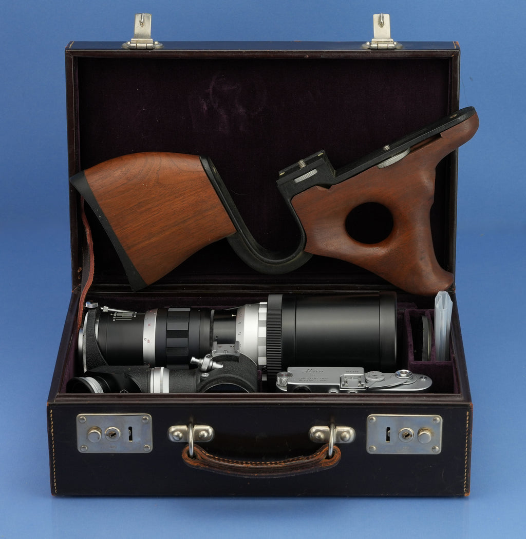 LEICA LEITZ SABRE RIFLE GUN STOCK +M1 CAMERA +400MM TELYT F5 VISO SET +CASE RARE