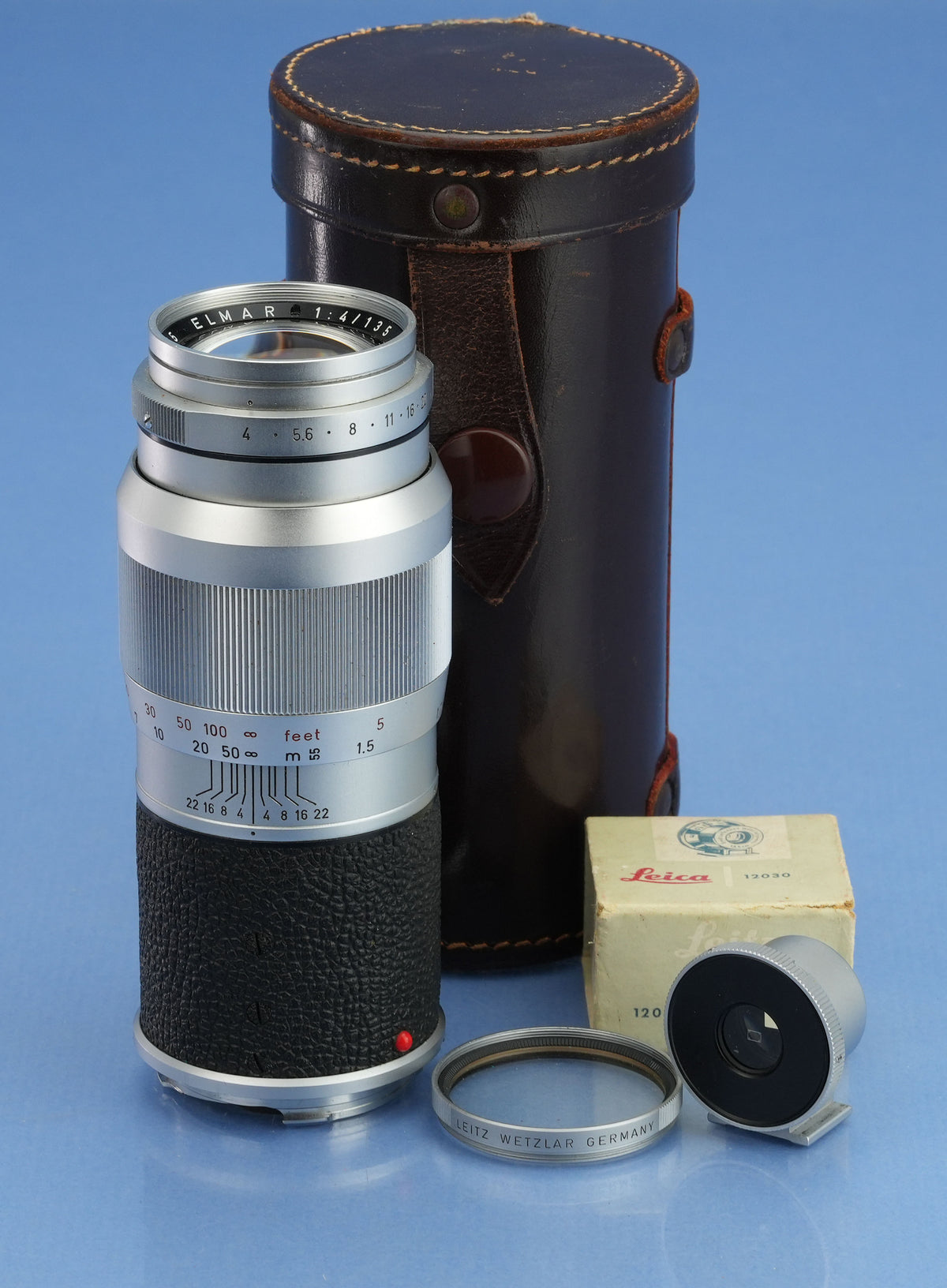 LEICA LEITZ 135MM ELMAR F4 11750 SILVER CHROME M LENS +SHOOC FINDER +CASE NICE!