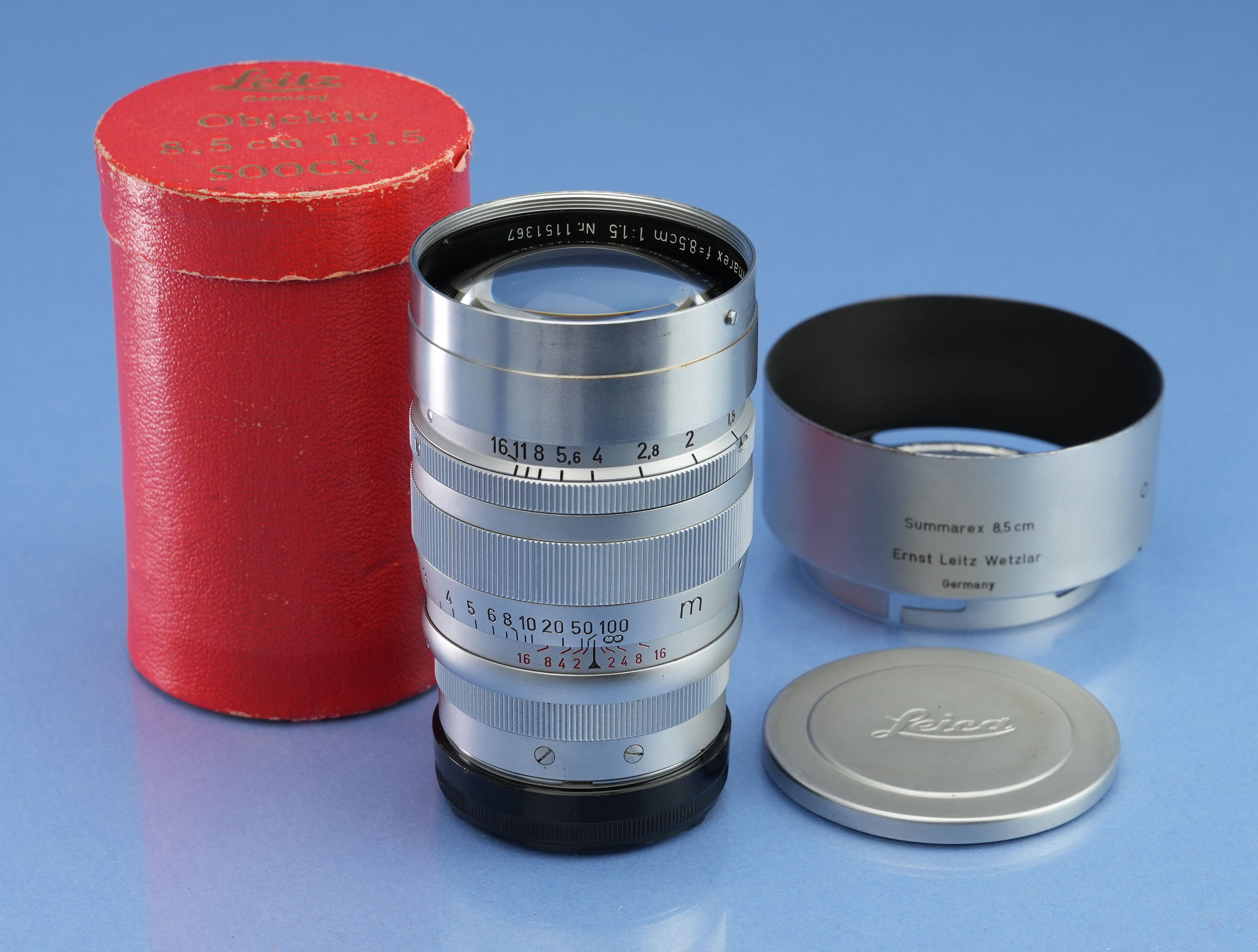 LEICA LEITZ 85MM SUMMAREX F1.5 CHROME SM/M LENS +SHADE +CAPS +BOX
