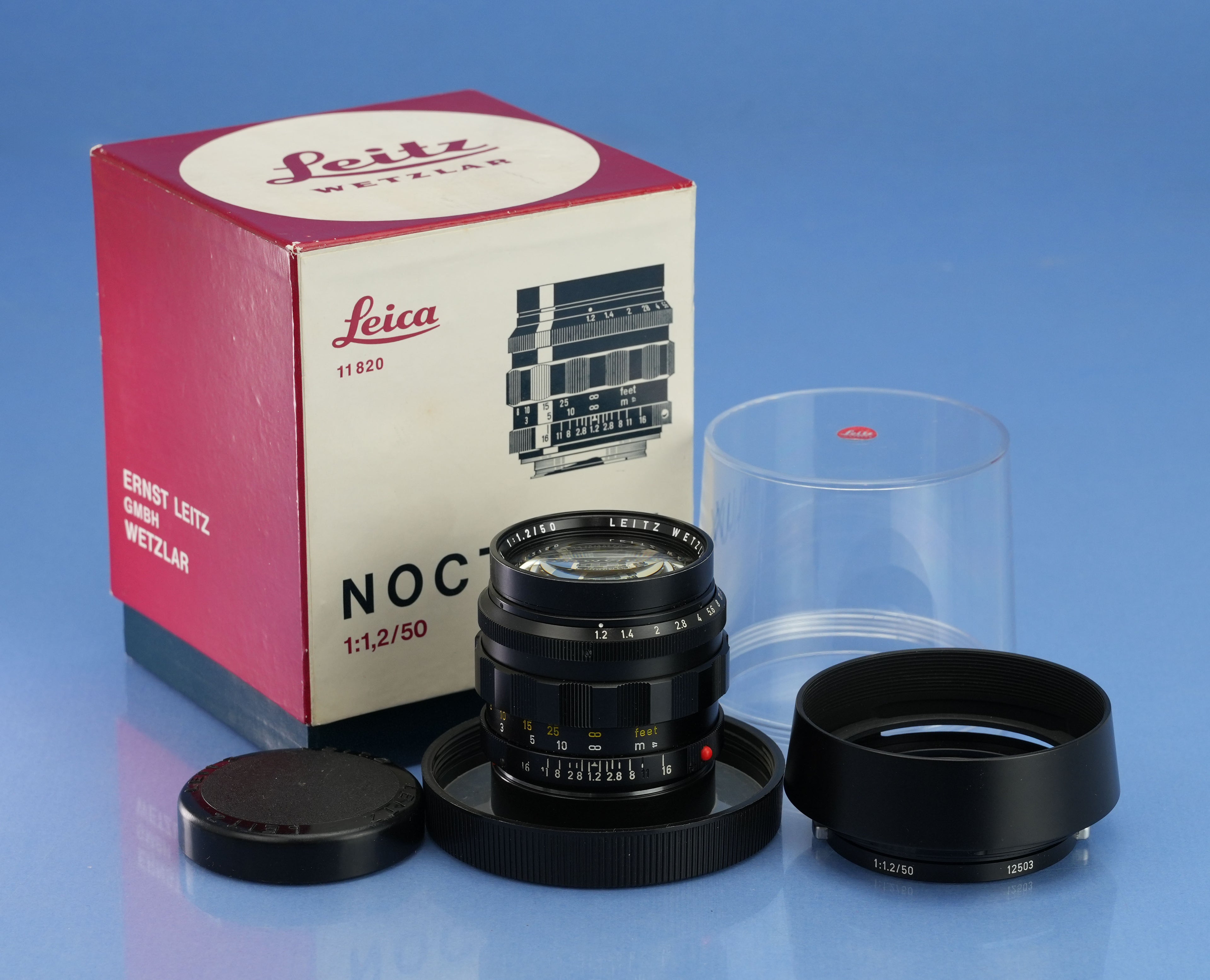 LEICA LEITZ 11820 50MM NOCTILUX F1.2 VINTAGE M LENS +12503 SHADE +CAP +BOX MINT!