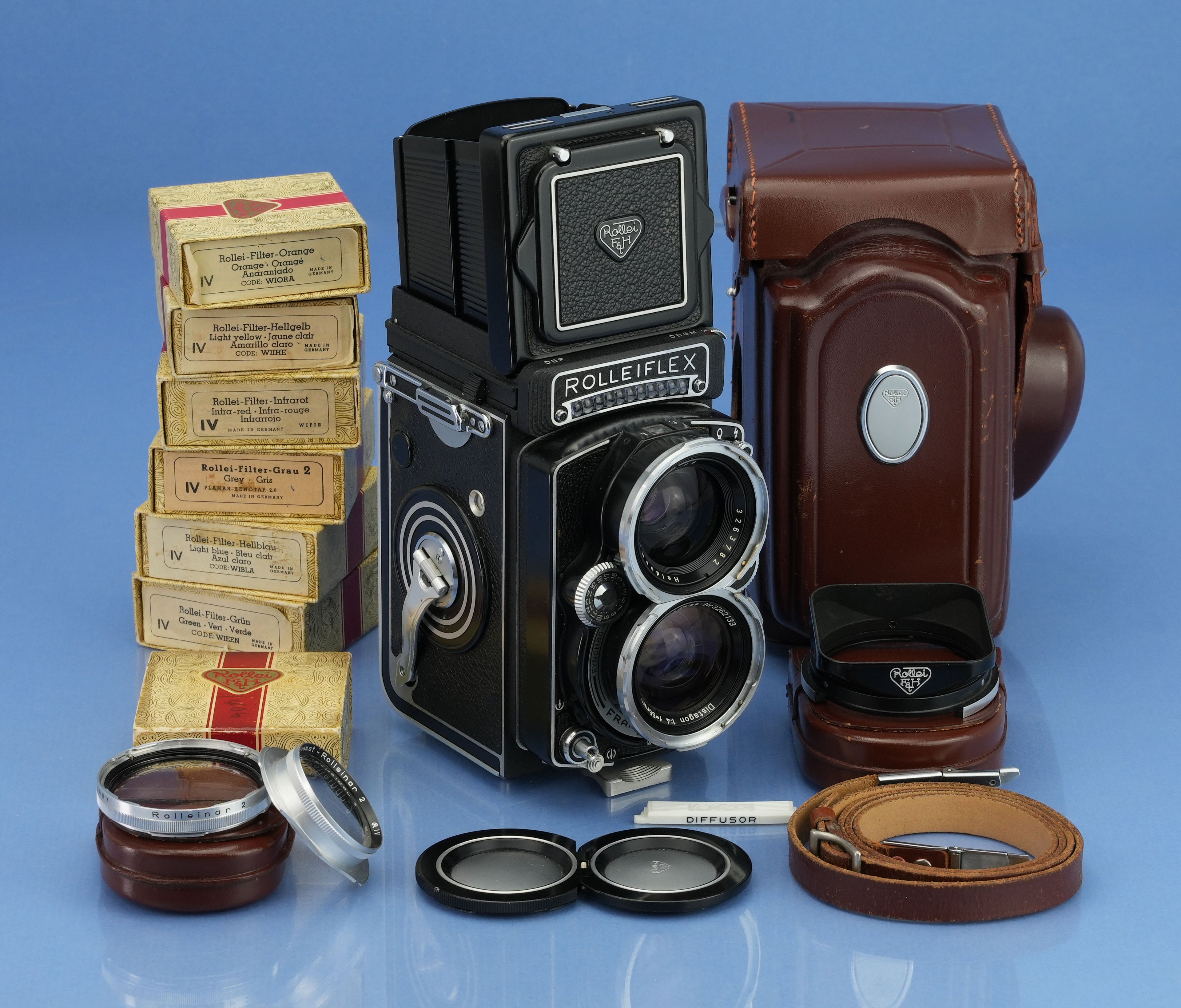 ROLLEIFLEX ROLLEI 55MM F4 DISTAGON ZEISS WIDE CAMERA +METER +SHADE +FILTERS WOW!