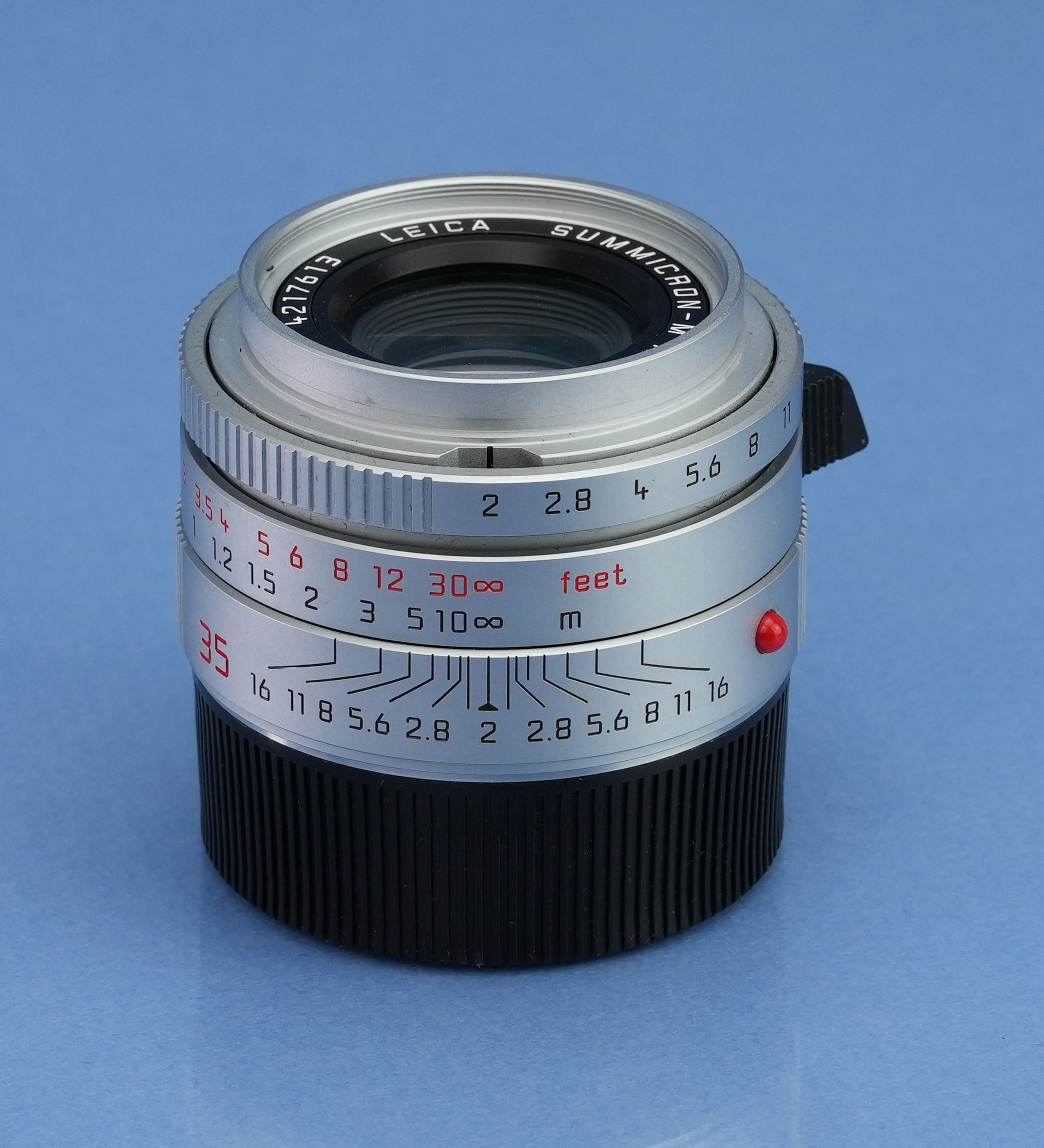 LEICA 35MM SUMMICRON-M 6BIT F2 11882 ASPH SILVER CHROME M LENS +CAPS +SHADE MINT