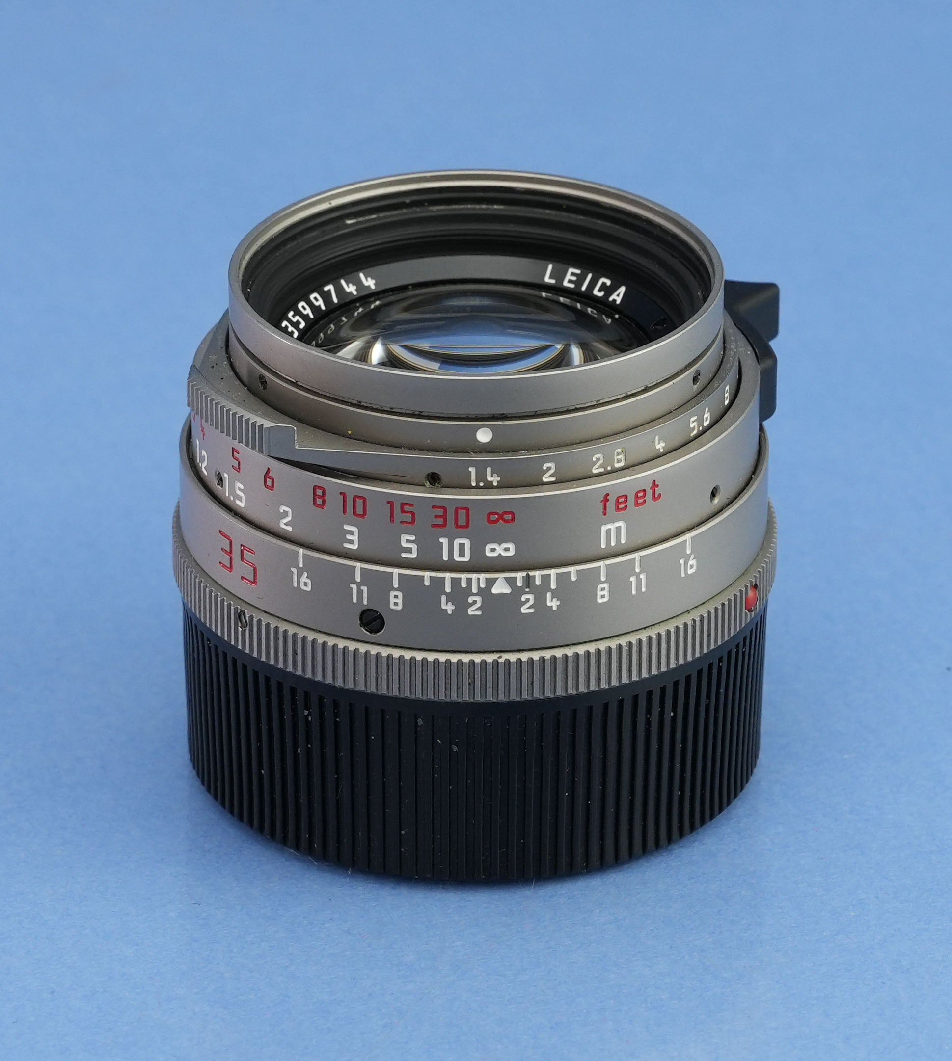 LEICA 11860 35MM SUMMILUX-M F1.4 TITANIUM GERMANY BRASS LENS +12504 SHADE SET!