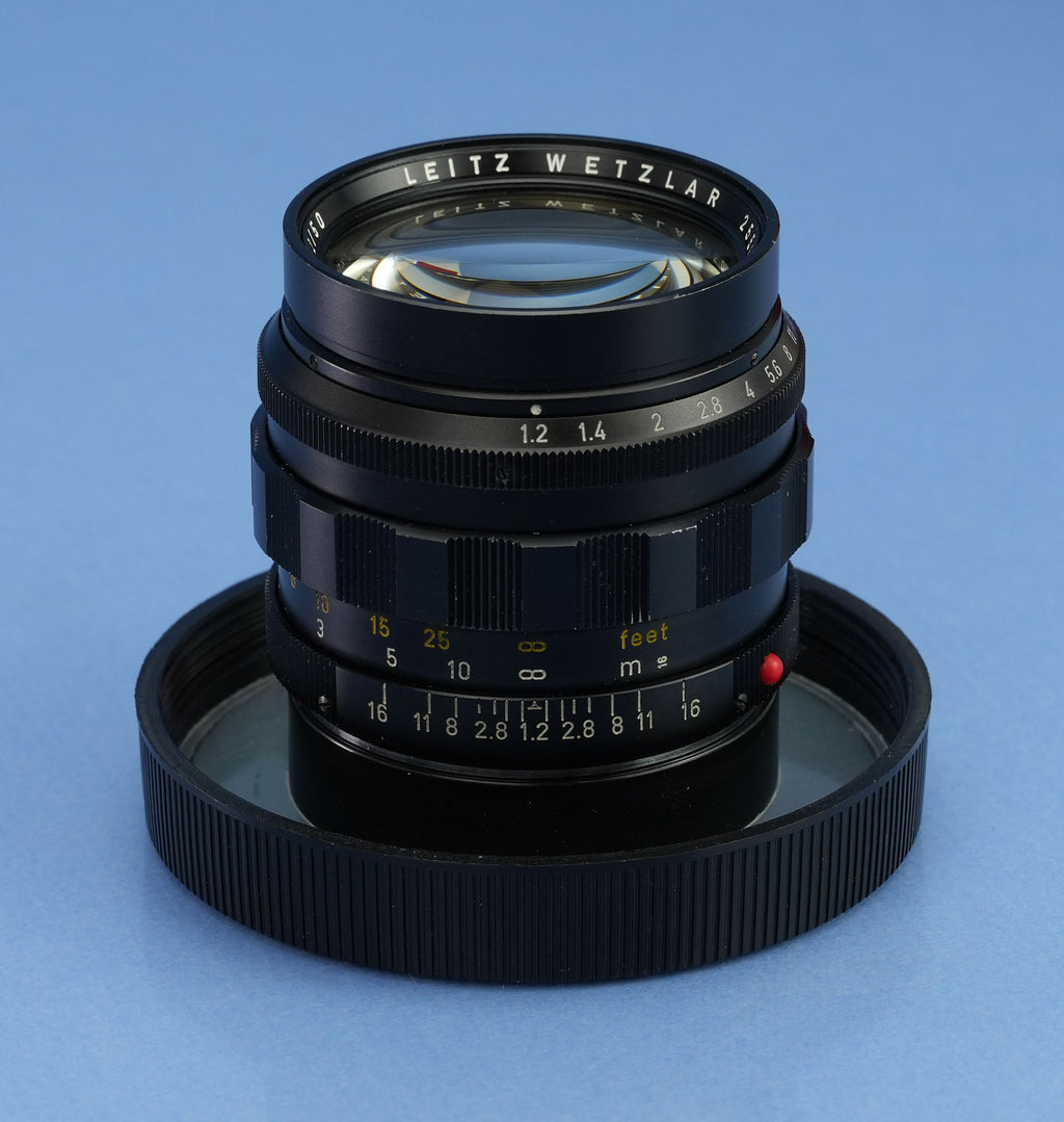 LEICA 11820 50MM NOCTILUX F1.2 VINTAGE M OBJEKTIV + PASSENDE BOX + GEGENBLENDE + ETUI + SCHUTZKAPPE