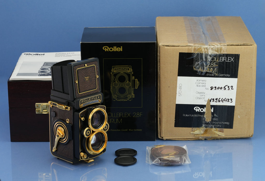 ROLLEI ROLLEIFLEX AURUM 24K GOLD 2.8F 80MM XENOTAR +CAPS +BOX +CASE +PAPERS NOS