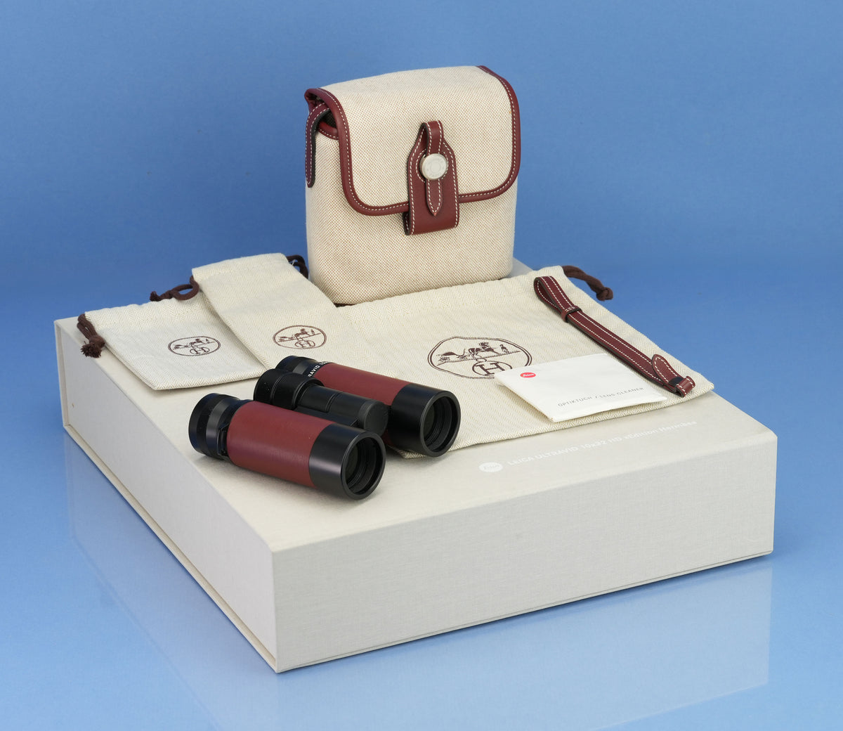 LEICA LEITZ ULTRAVID 10X32 HD HERMES EDITION BINOCULAR SET +CASES +POUCHES +BOX
