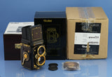 ROLLEI ROLLEIFLEX AURUM 24K GOLD 2.8F 80MM XENOTAR +CAPS +BOX +CASE +PAPERS NOS