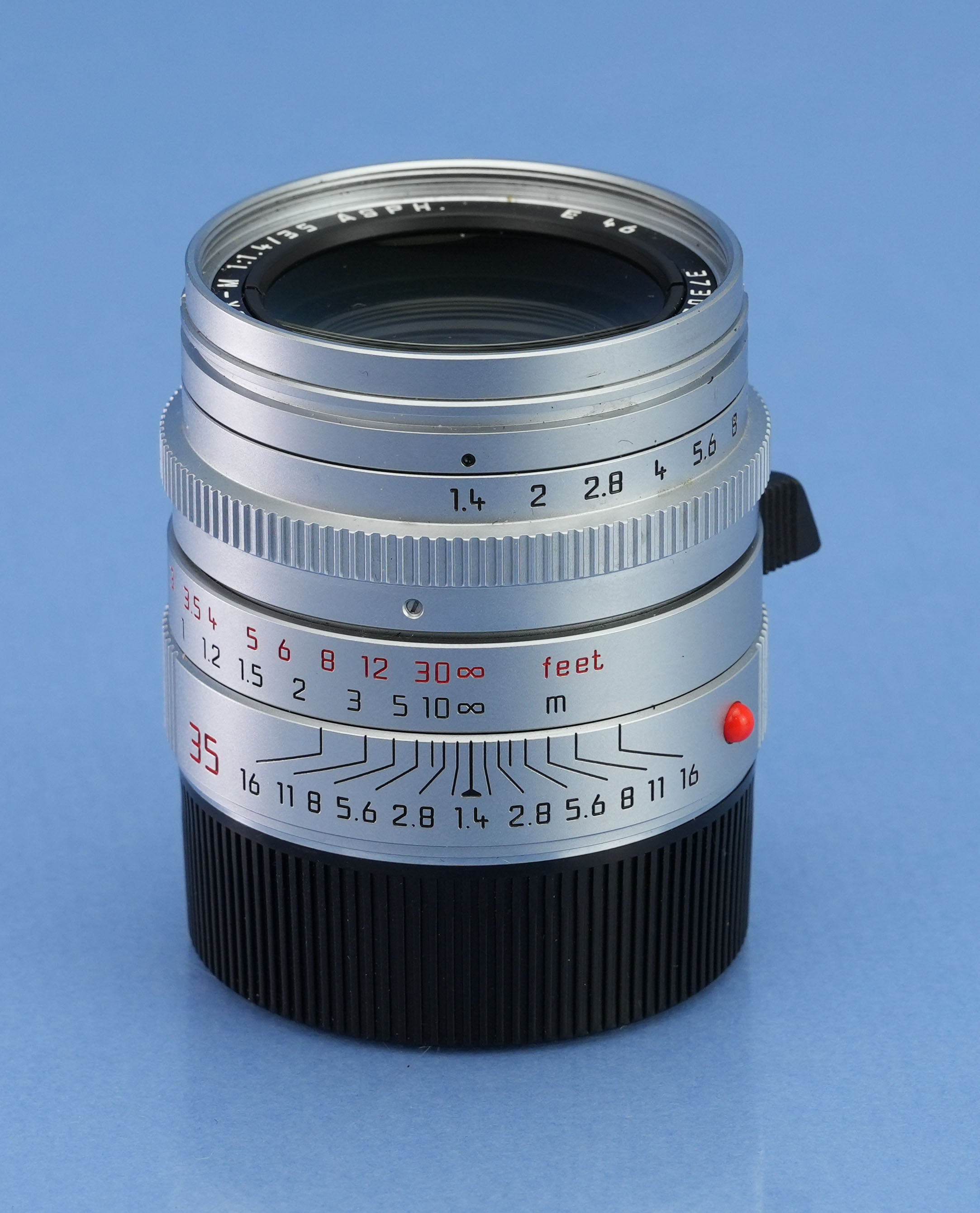 LEICA LEITZ 35MM SUMMILUX-M F1.4 ASPH SILVER CHROME BRASS BODY 11883 LENS +SHADE