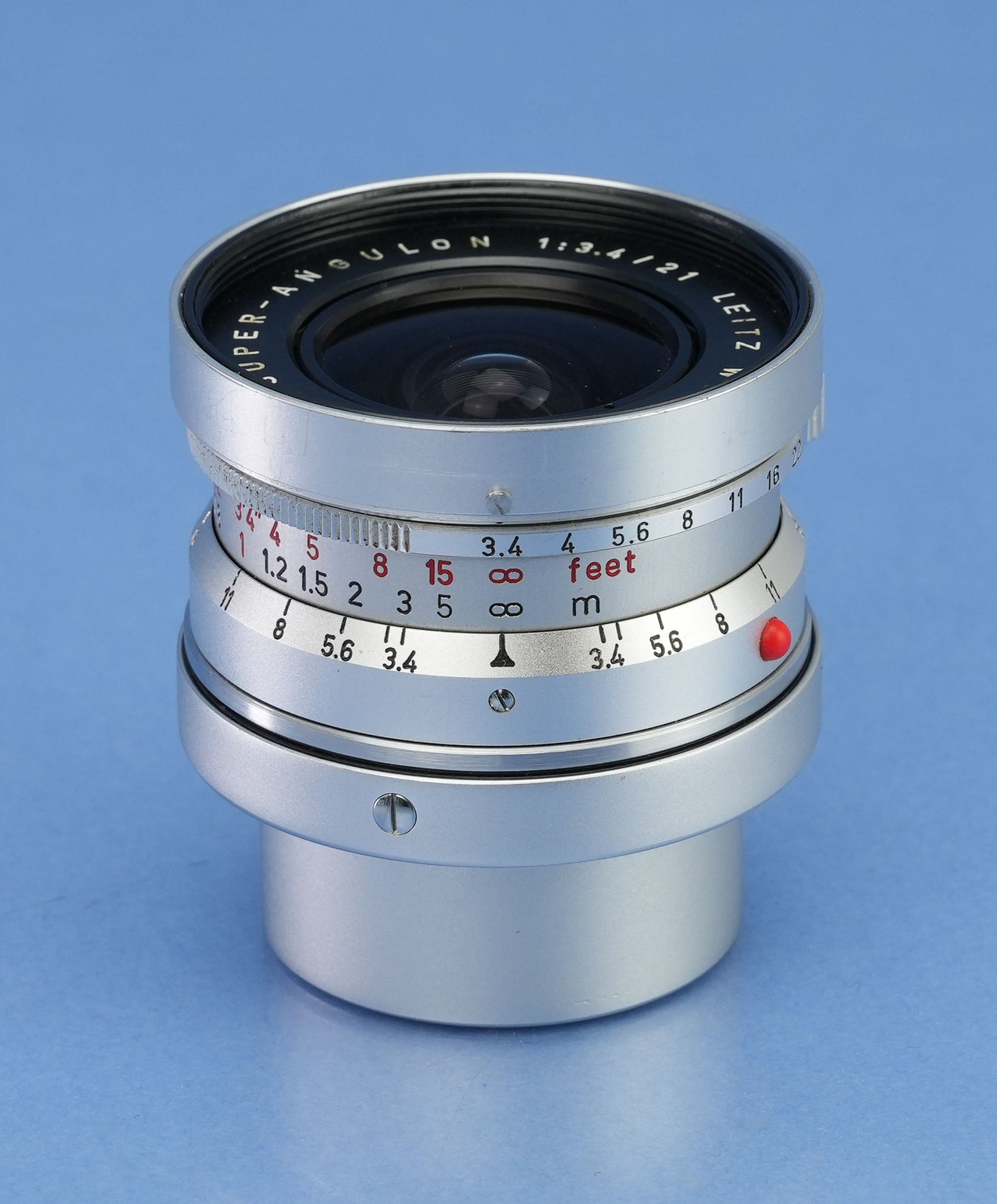 LEICA LEITZ 21MM SUPER-ANGULON F3.4 CHROME M 11103 LENS +CAPS +SHADE +FINDER+BOX