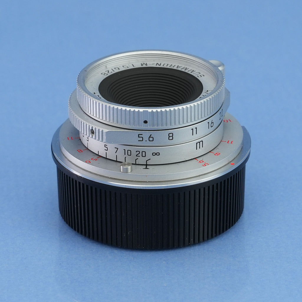 LEICA LEITZ 28MM SUMMARON-M F5.6 CHROME 11695 6BIT M LENS +CAPS +SHADE MINT!