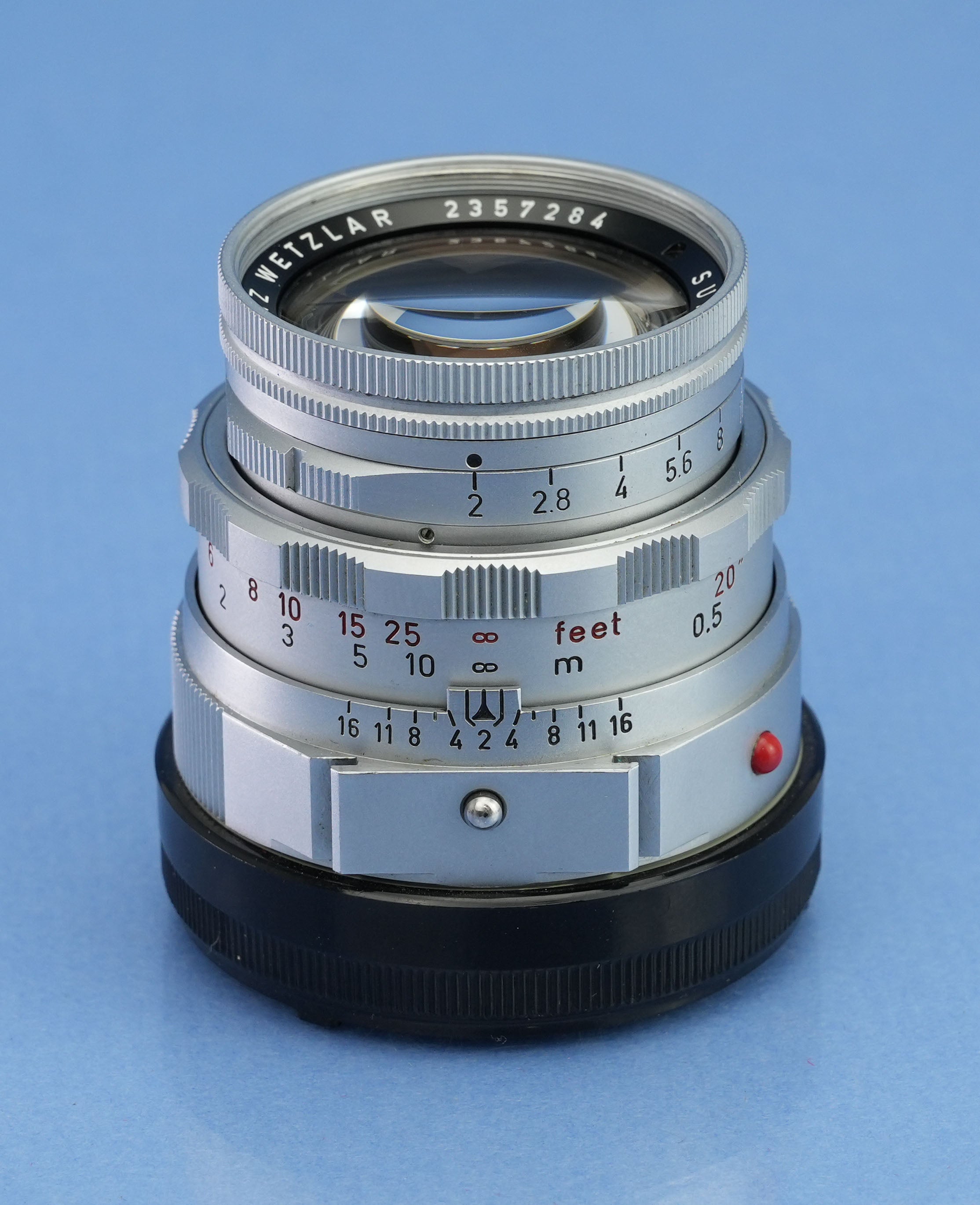 LEICA LEITZ 50MM SUMMICRON F2 CHROME DUAL RANGE M LENS W/EYES +BOX +FILTER