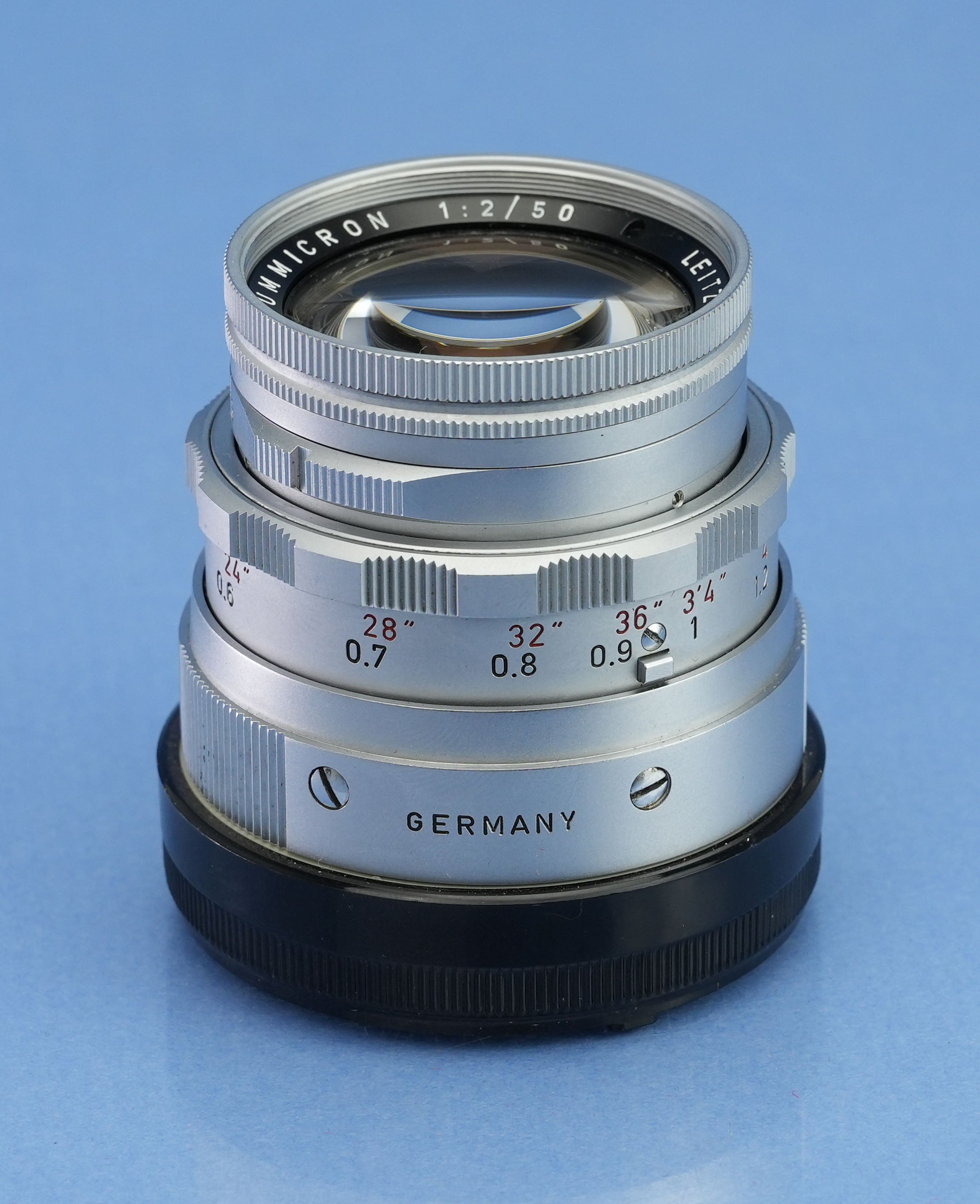LEICA LEITZ 50MM SUMMICRON F2 CHROME DUAL RANGE M LENS W/EYES +BOX +FILTER