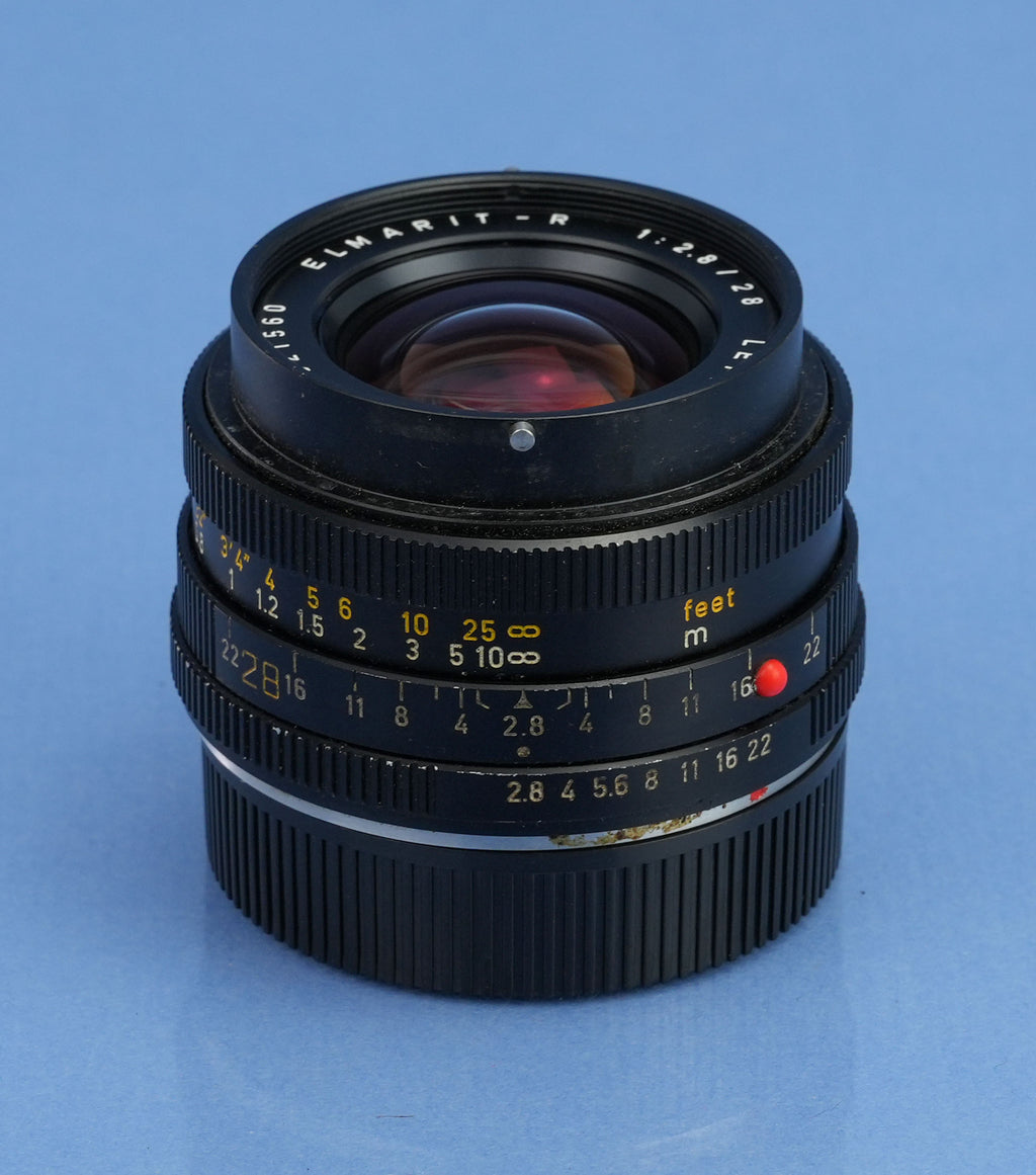 LEICA LEITZ 28MM ELMARIT-R F2.8 3CAM 11204 R LENS +CAP +SHADE +BOX. NICE!